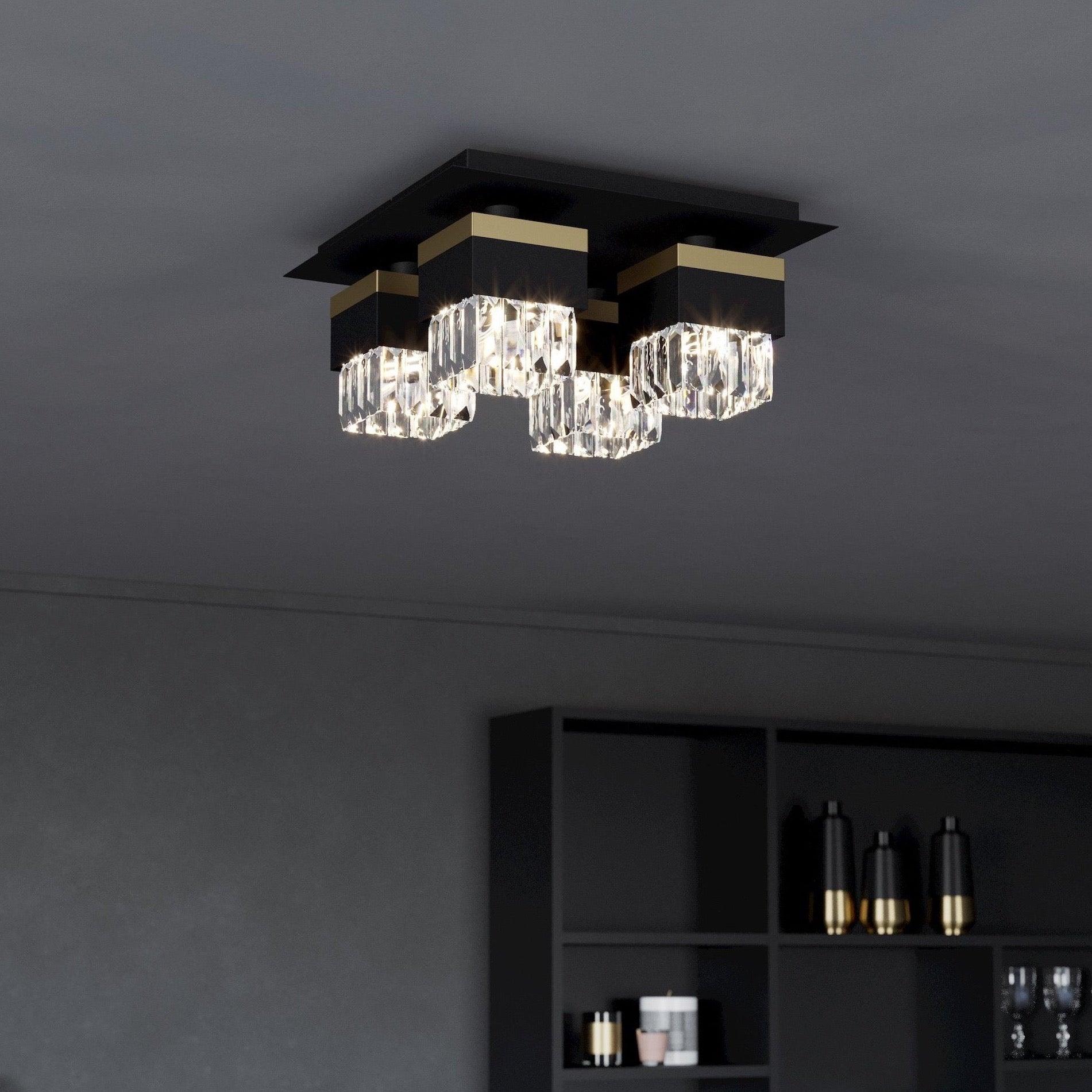 Eglo Barrancas 4 Light Black, Gold & Glass Crystal Ceiling Flush-WAREHOUSE-40-200326