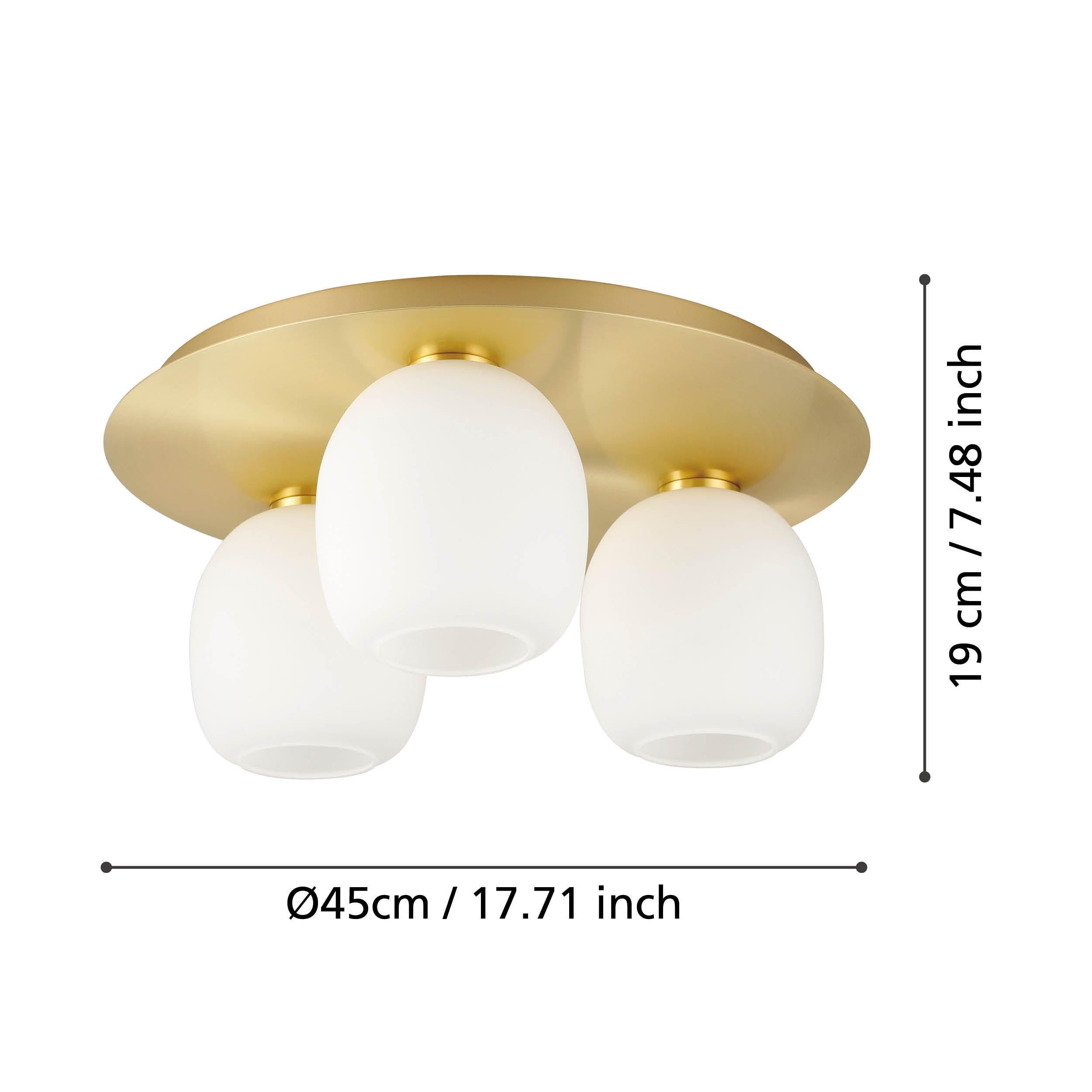 eglo manzanares 3 light brass ceiling flush with opal glass shades living room close up