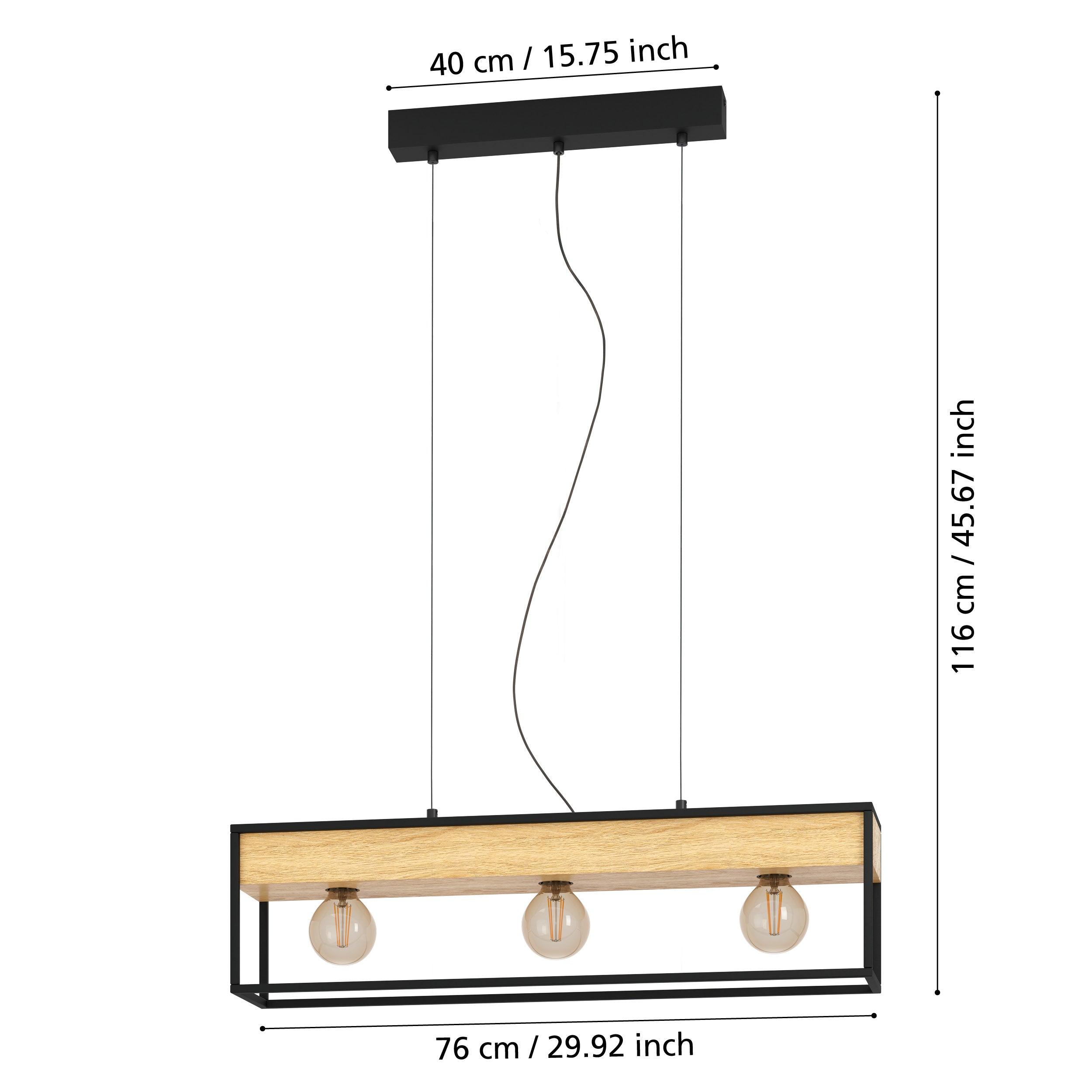 eglo libertad 1 3 light black frame wood ceiling pendant living room close up