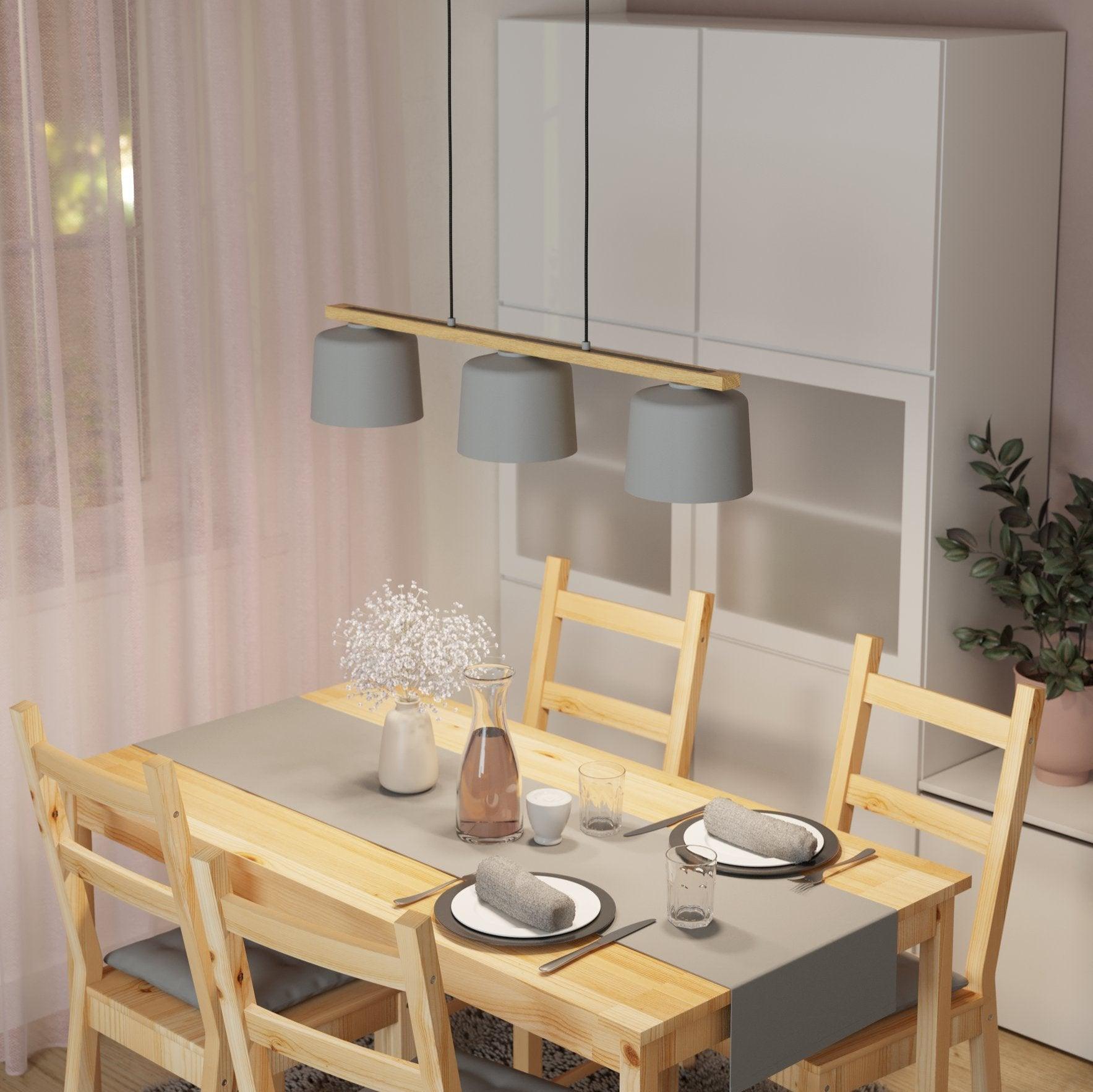 eglo mariel 3 light wood beam grey fabric pendant