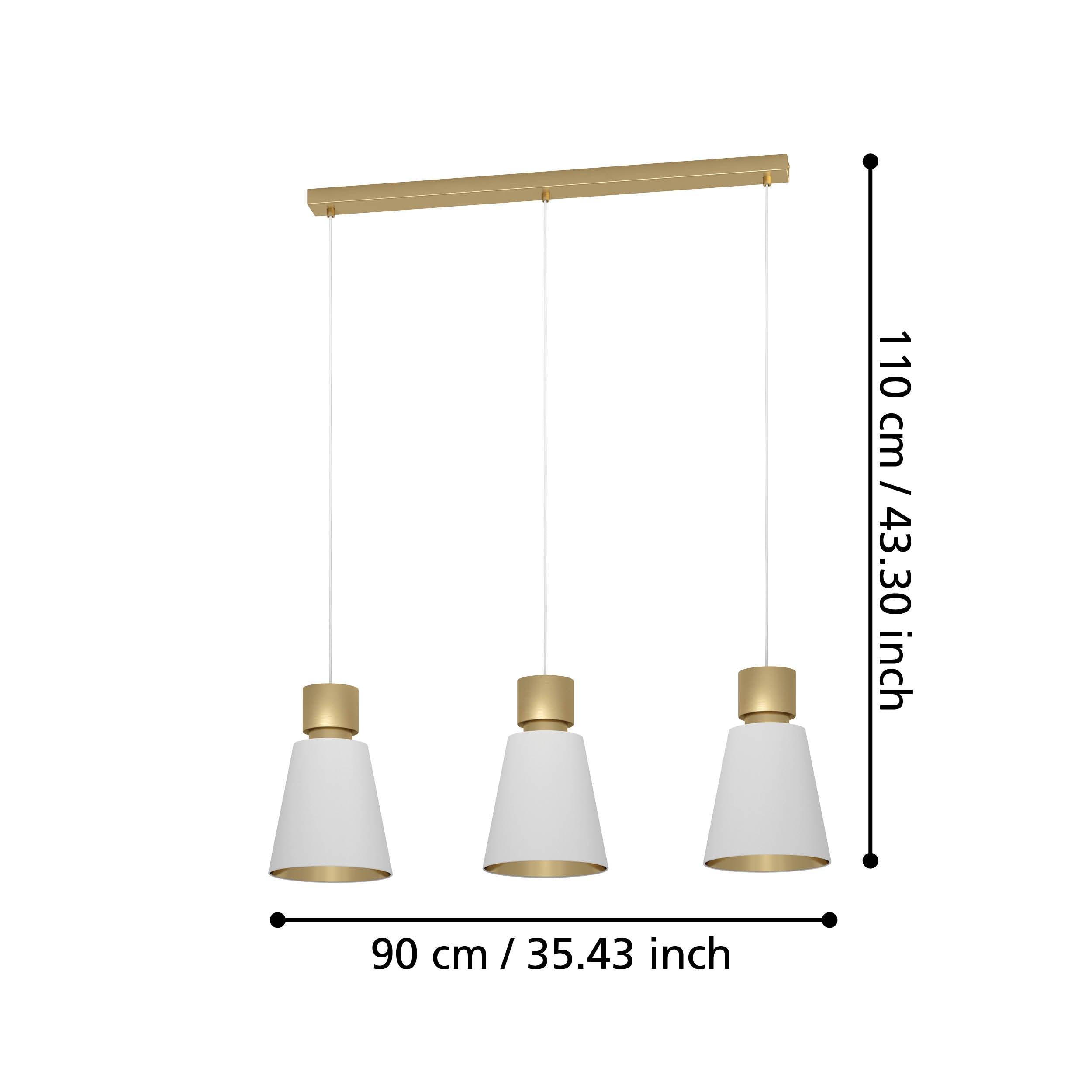 eglo aglientina 3 light brass white fabric shade pendant living room close up