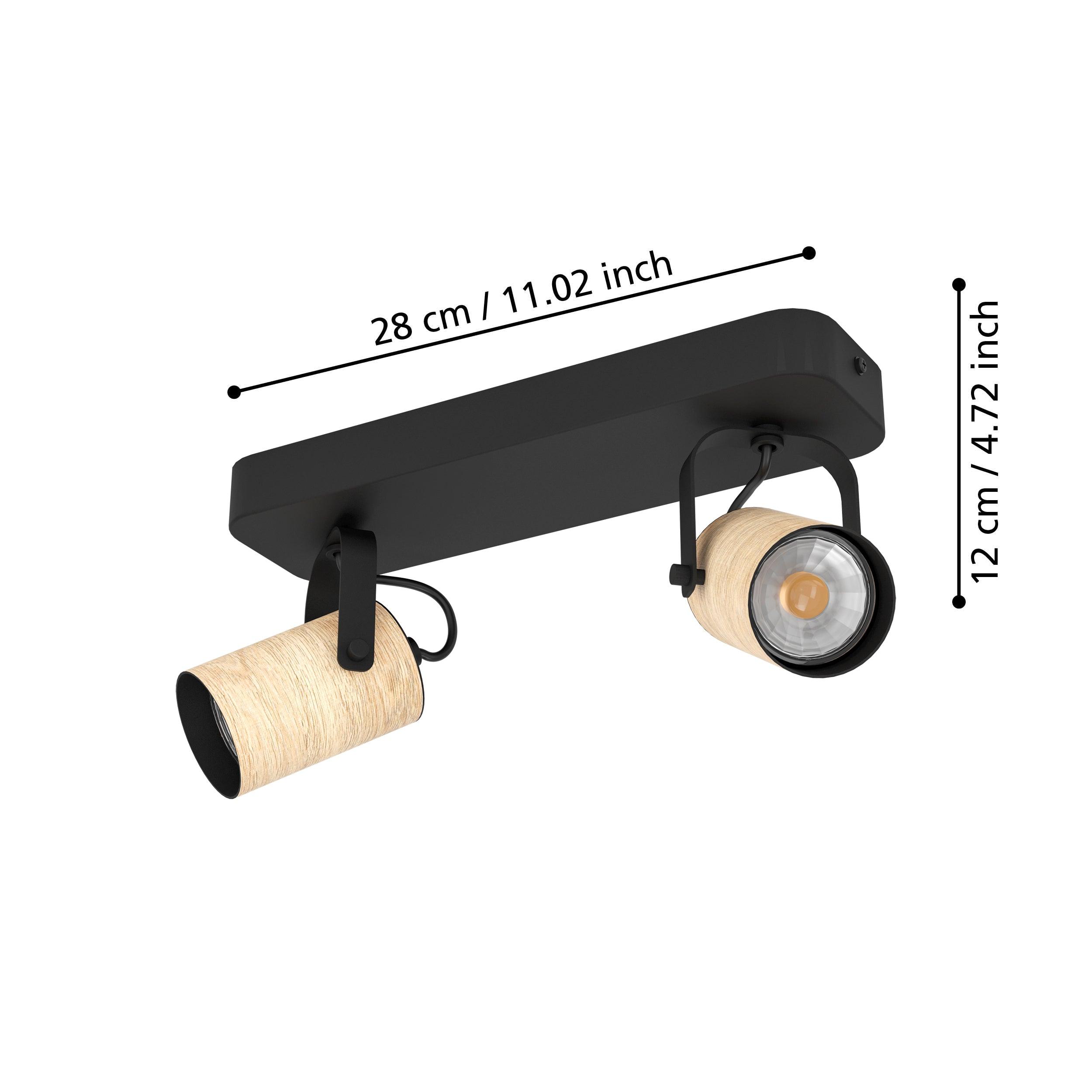 eglo cayuca wood black metal 2 light bar spotlight living room close up