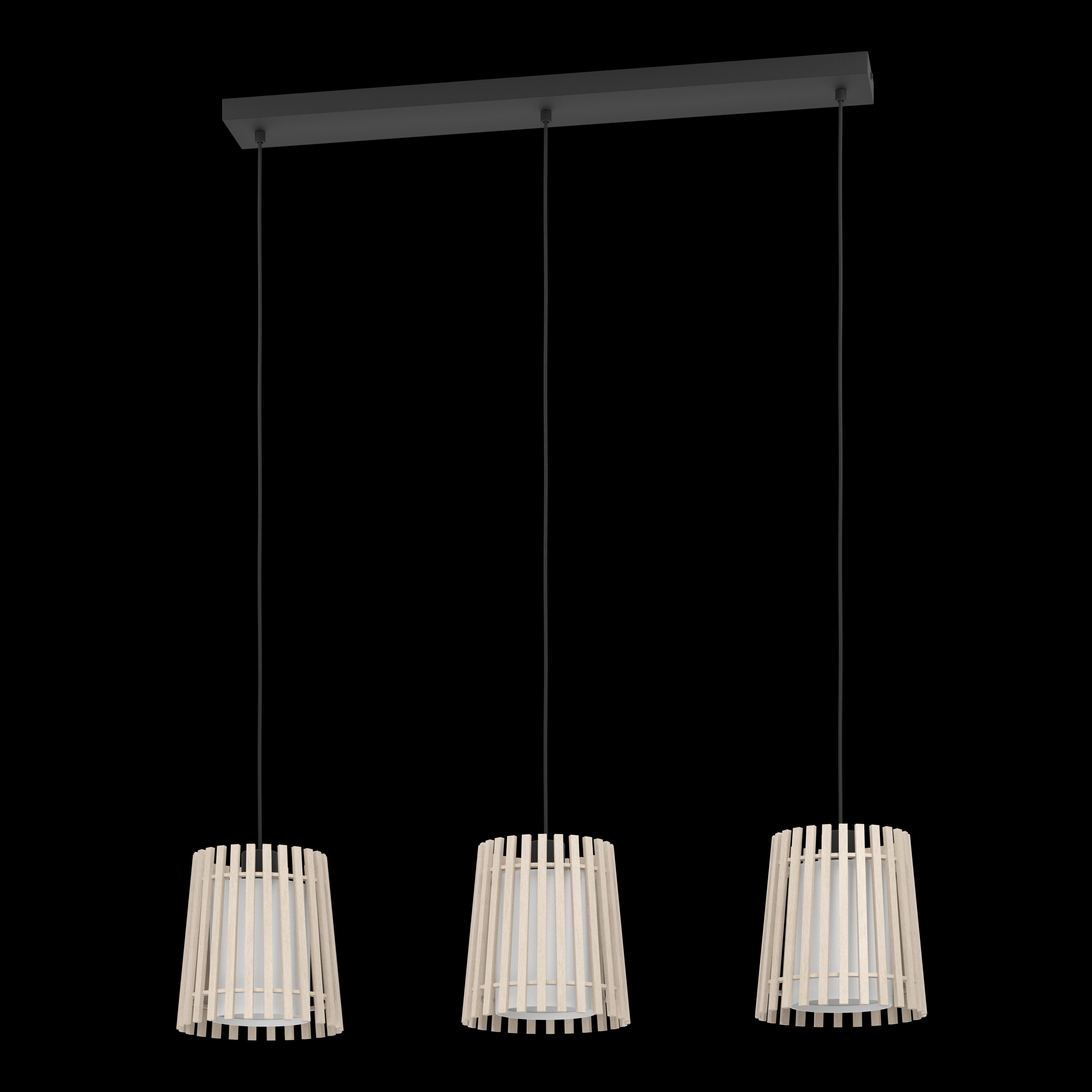 eglo fattoria 3 light wood slat fabric ceiling pendant living room close up