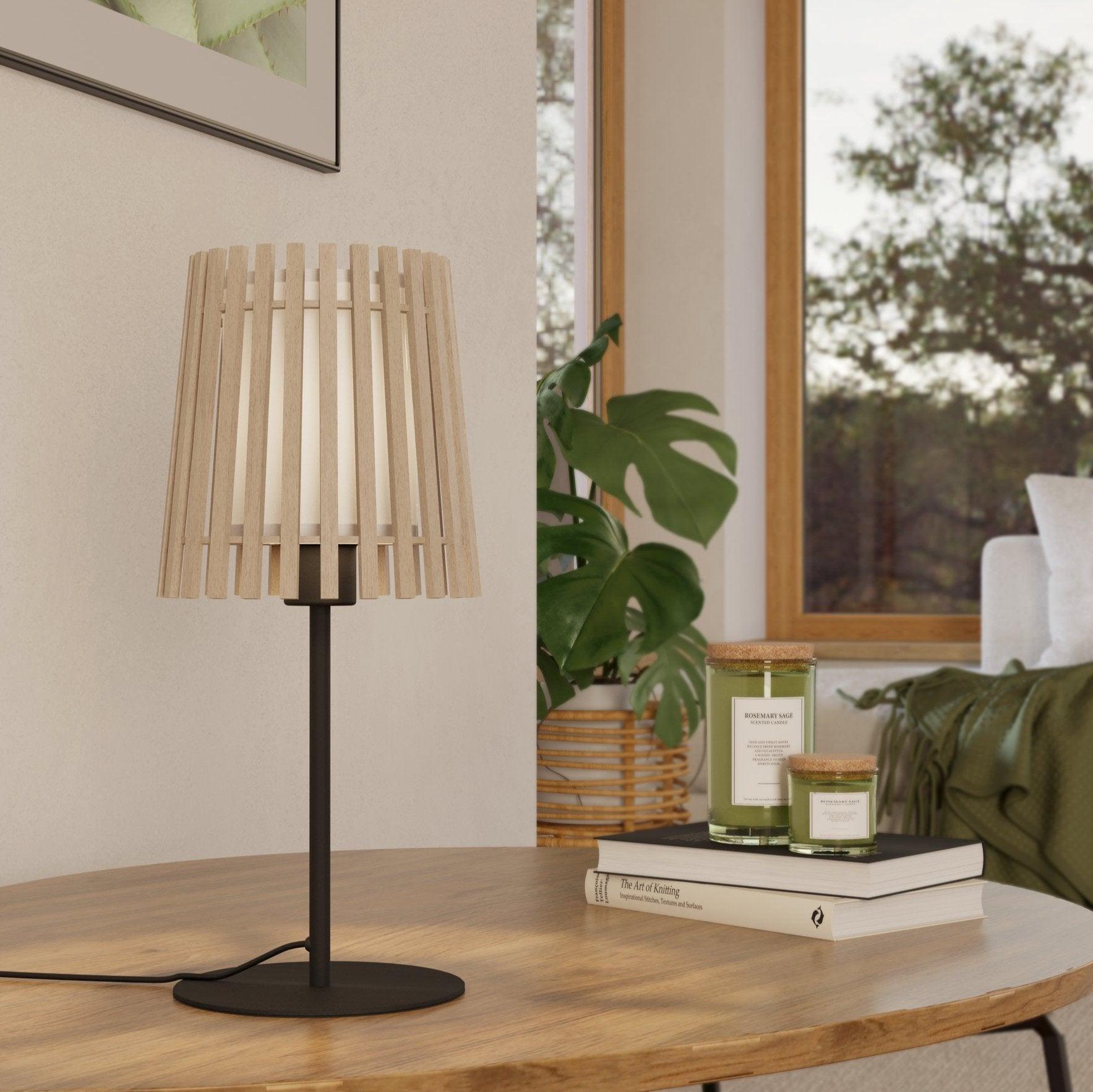eglo fattoria black table lamp wooded slat shade