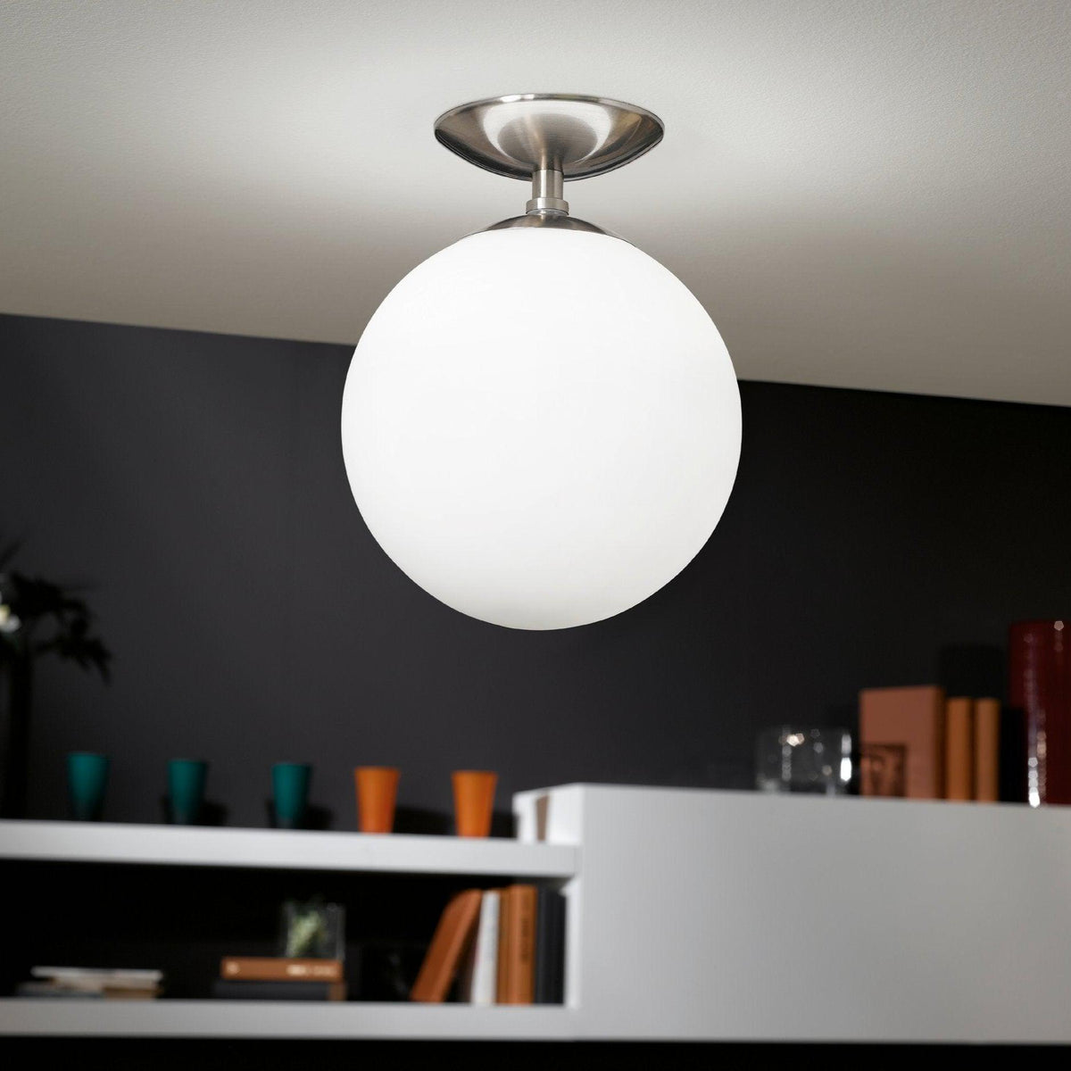 Eglo Rondo Nickel Flush Ceiling Light With Opal Glass Sphere-OB-180926