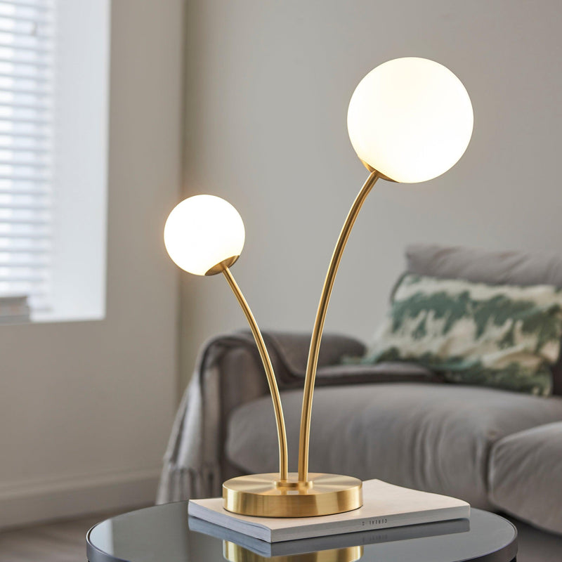 Endon Bloom 2 Light Brass Table Lamp - Opal Glass Shades