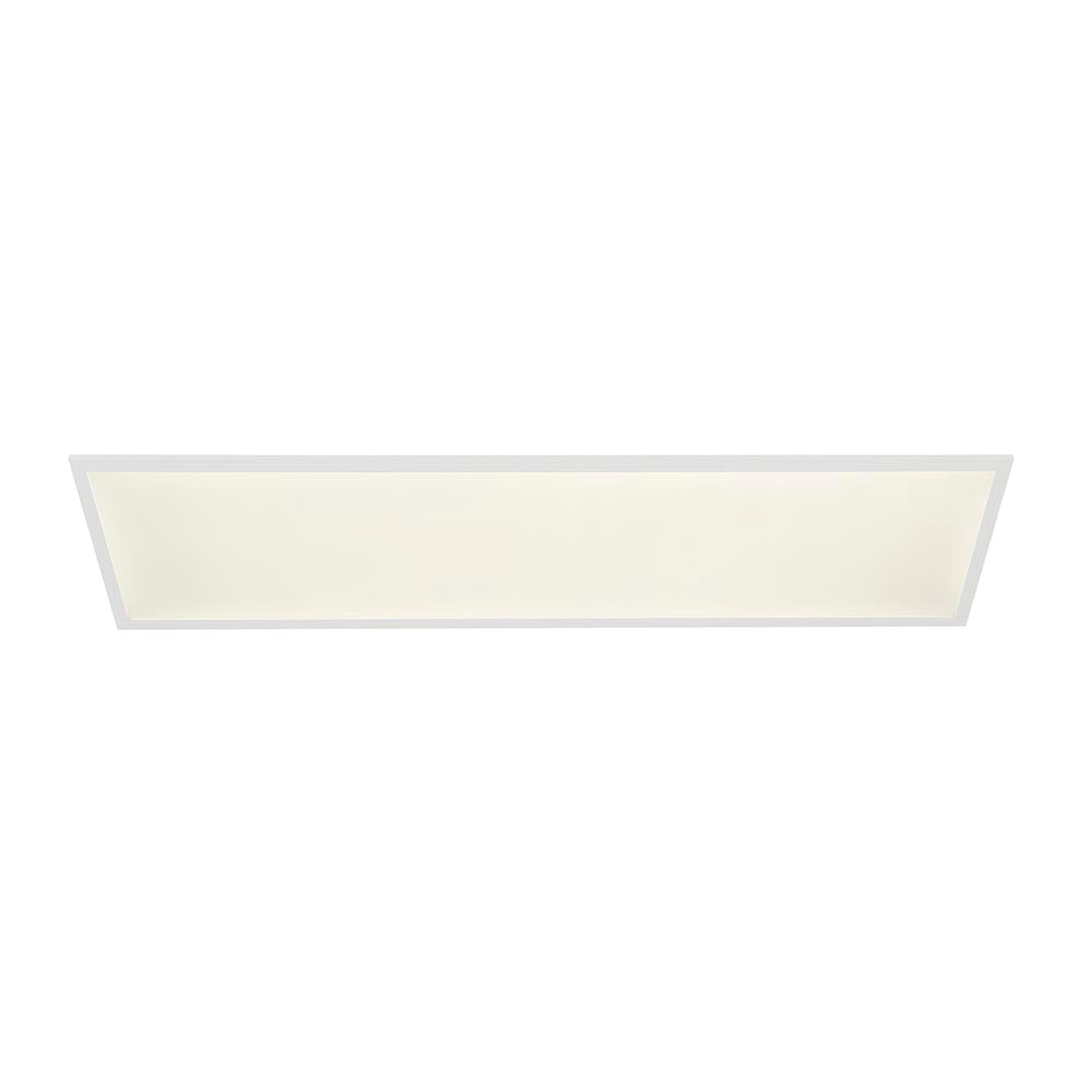 A rectangular flush-mount ceiling light fixture with a white frame and a frosted off-white diffuser, shown against a solid white background.