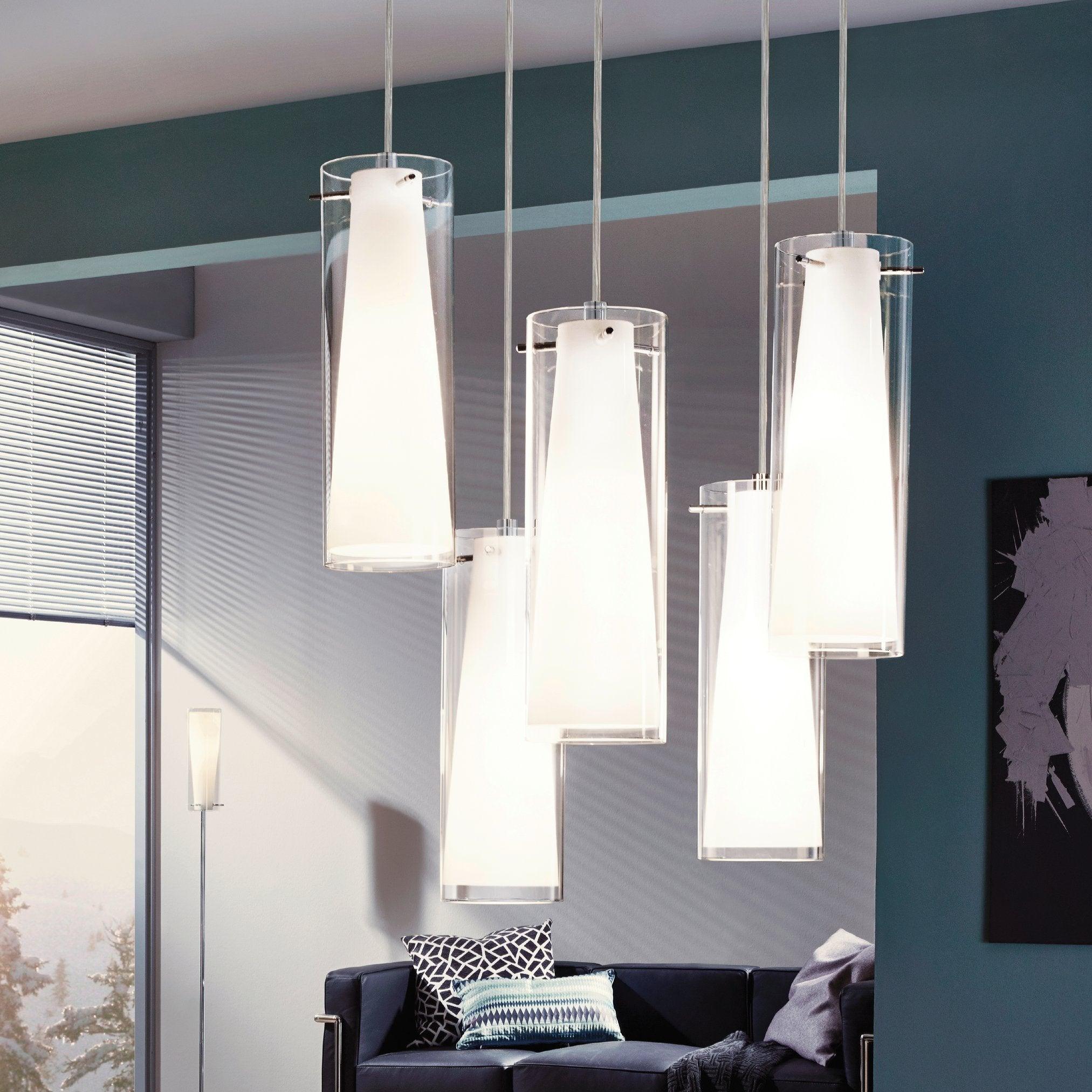 eglo pinto 5 light chrome pendant clear opal glass shades living room close up