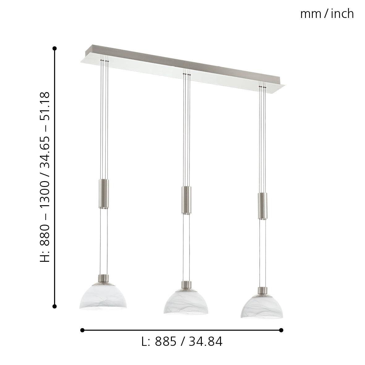 eglo montefio 3 light led bar nickel pendant alabaster glass shades Kitchen Lighting Close Up