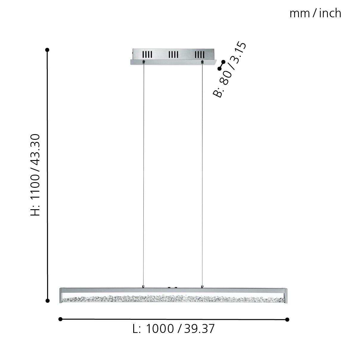 eglo cardito 1 100cm chrome bar led pendant clear glass crystals living room close up