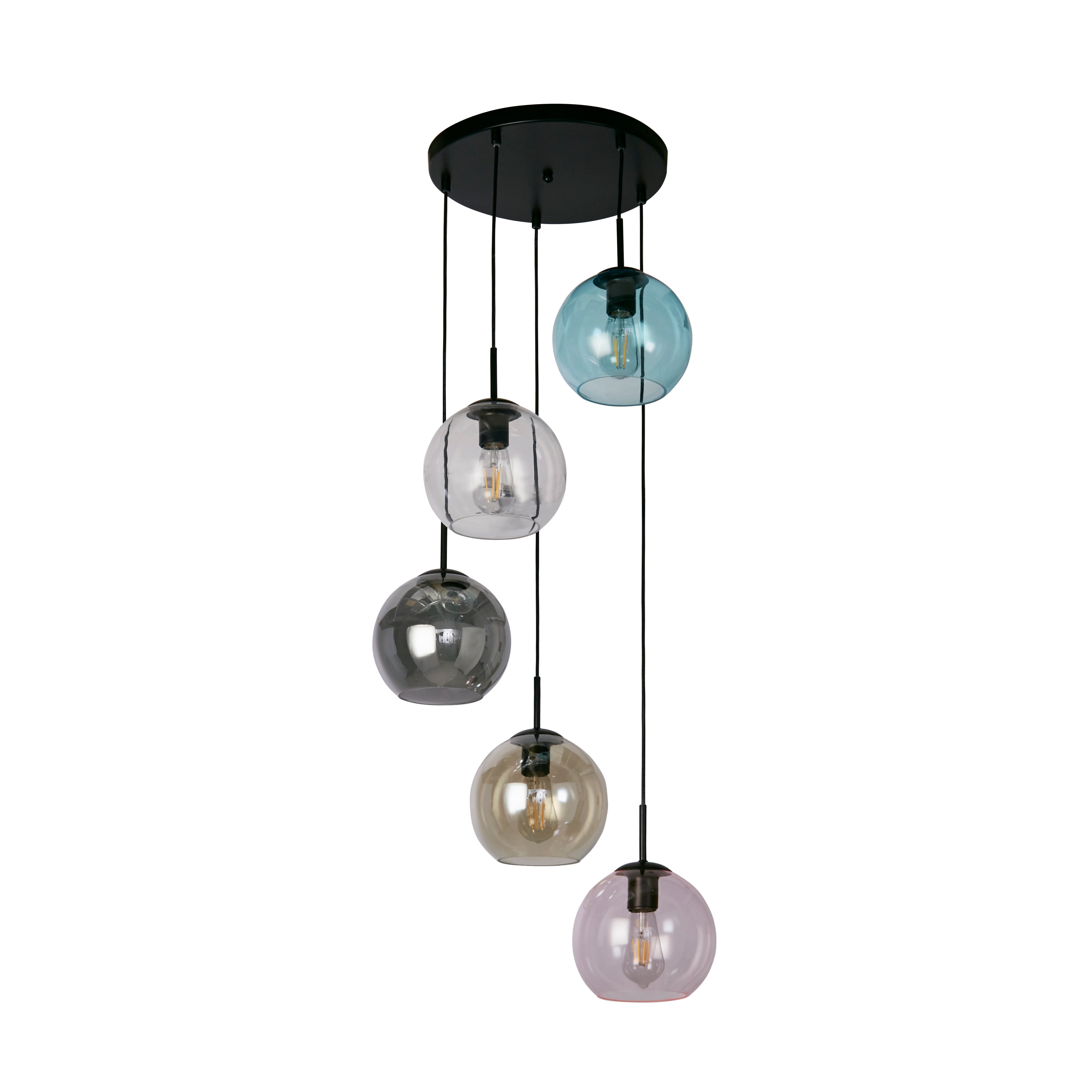 Searchlight Mardi Gras II 5 Light Multi-Drop Black Pendant - Coloured Glass Shades
