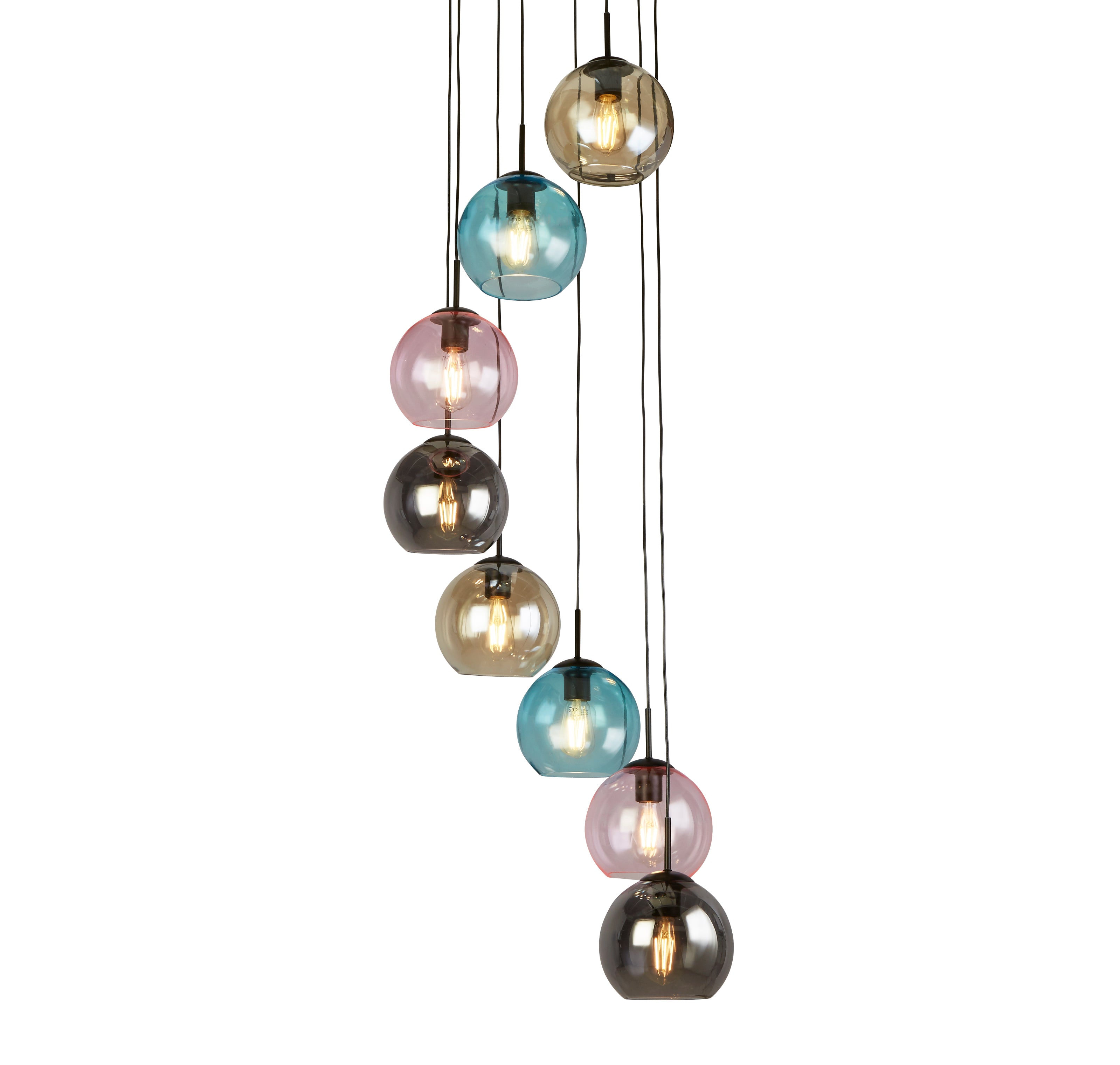 Searchlight Mardi Gras II 8 Light Multi-Drop Black Pendant - Coloured Glass Shades