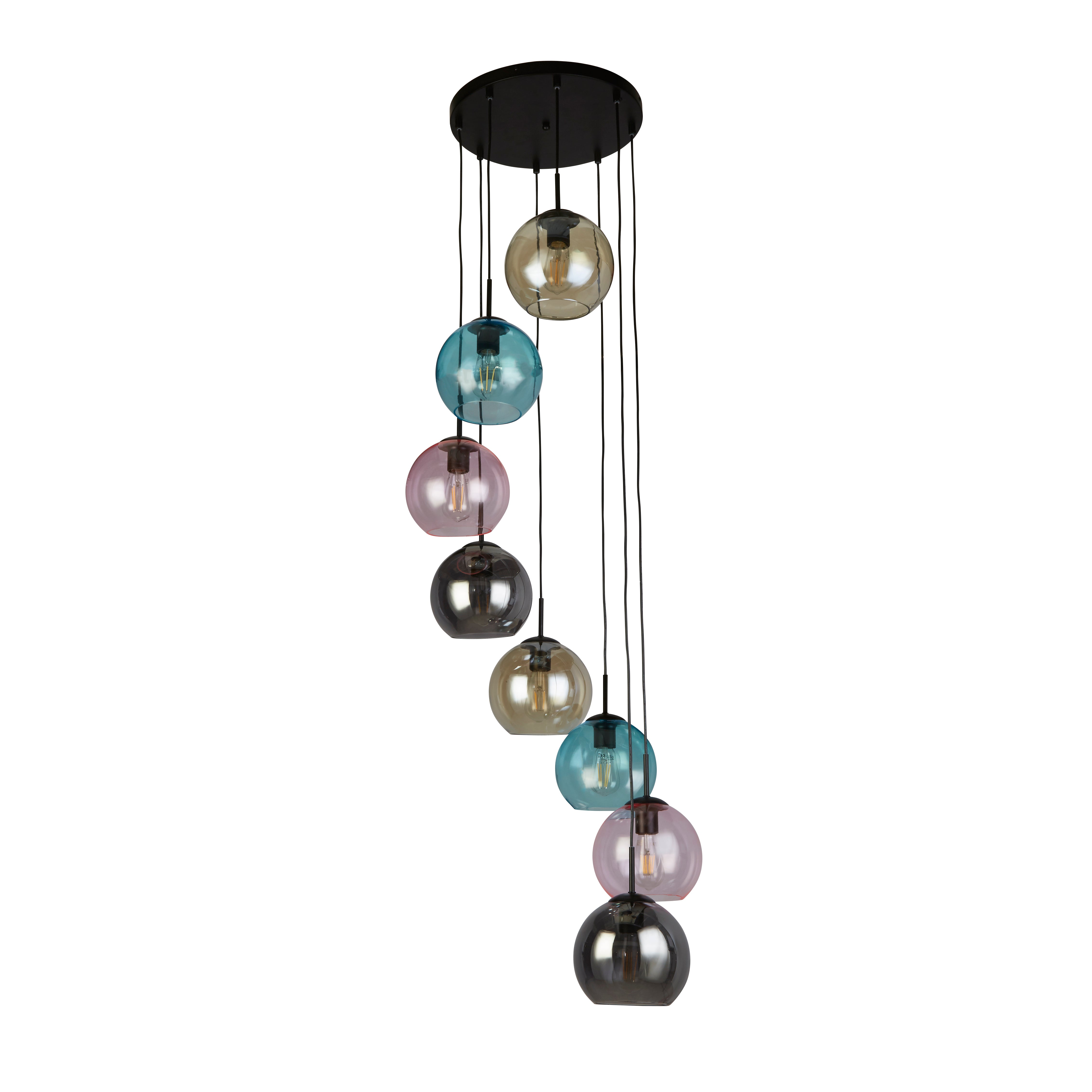 Searchlight Mardi Gras II 8 Light Multi-Drop Black Pendant - Coloured Glass Shades