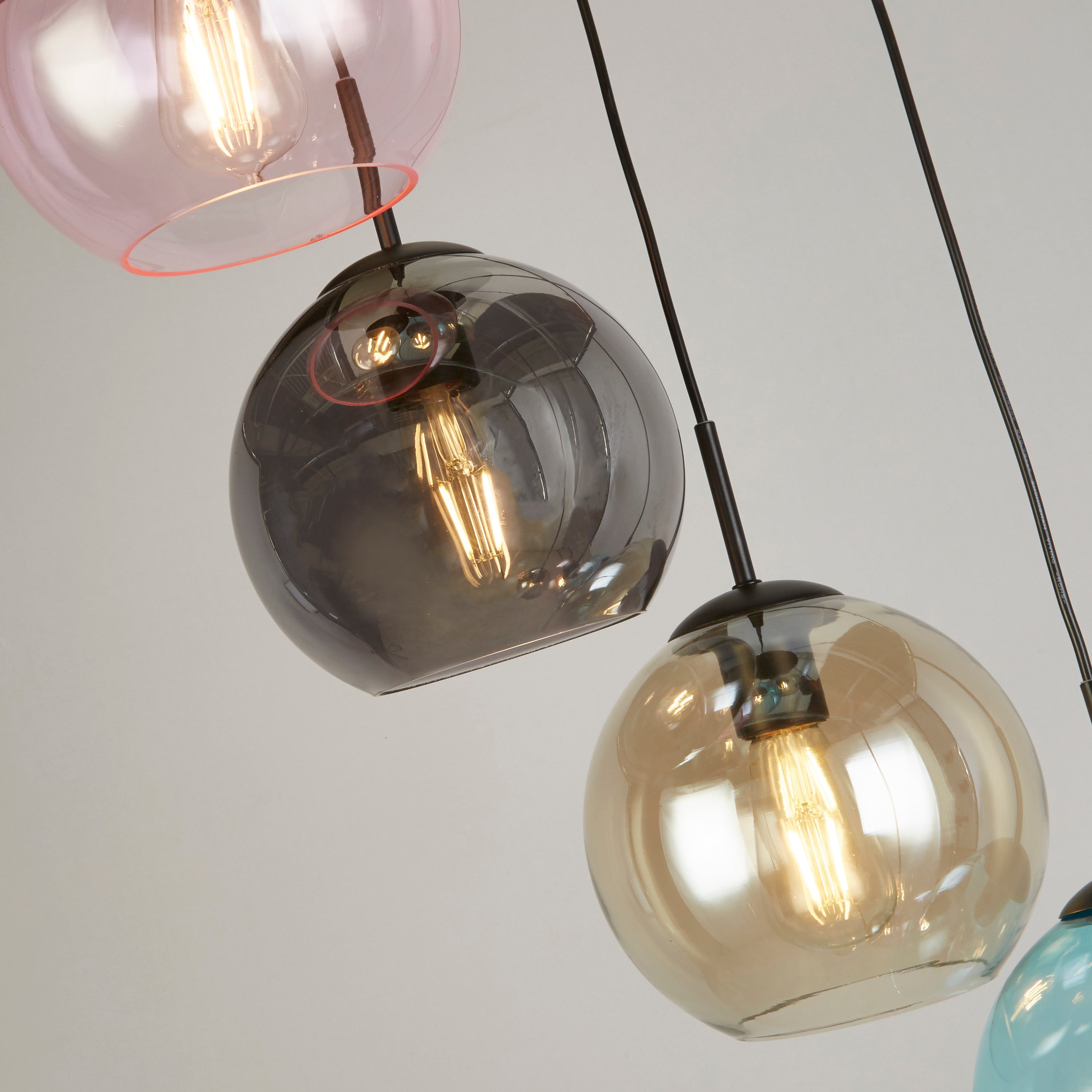 Searchlight Mardi Gras II 8 Light Multi-Drop Black Pendant - Coloured Glass Shades