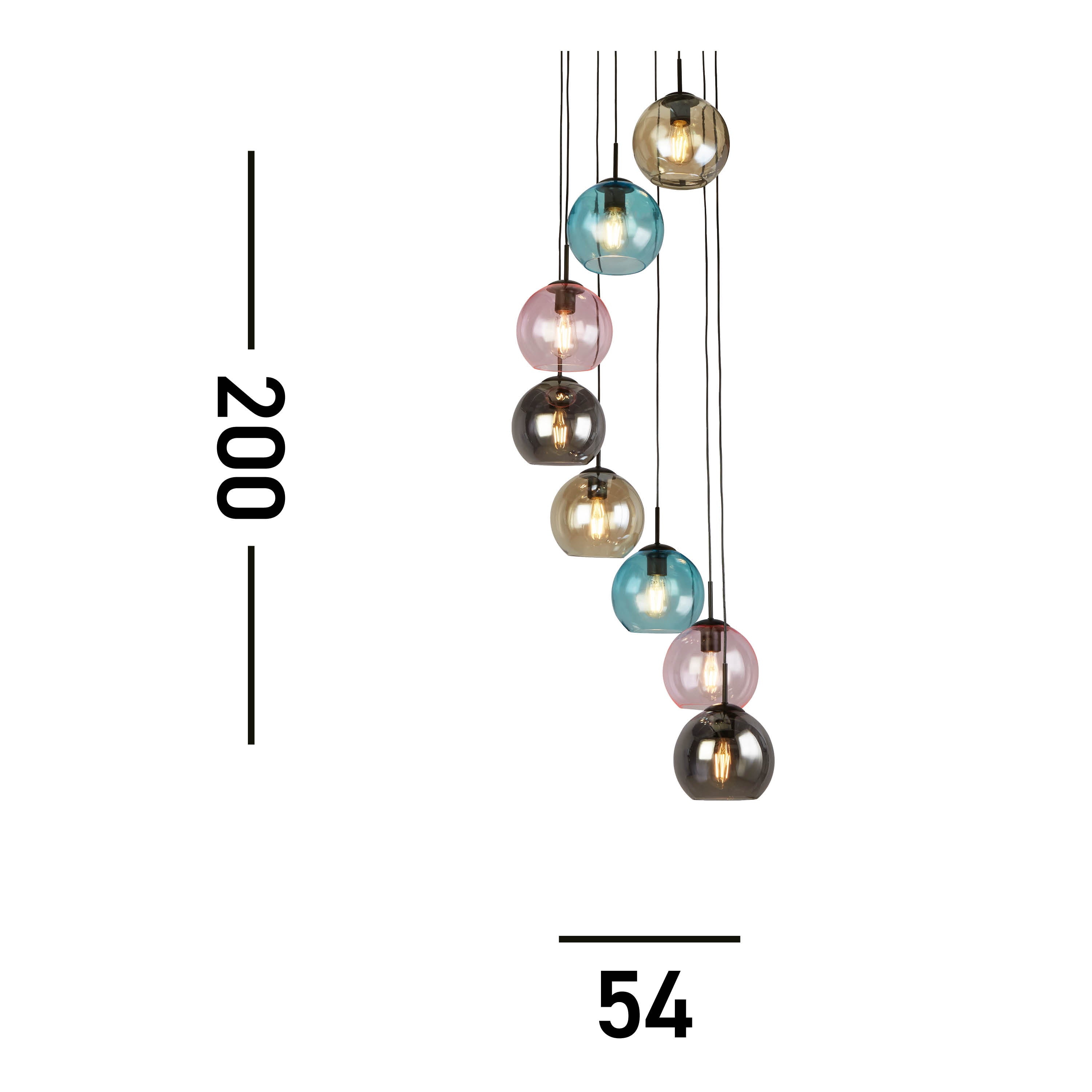 Searchlight Mardi Gras II 8 Light Multi-Drop Black Pendant - Coloured Glass Shades