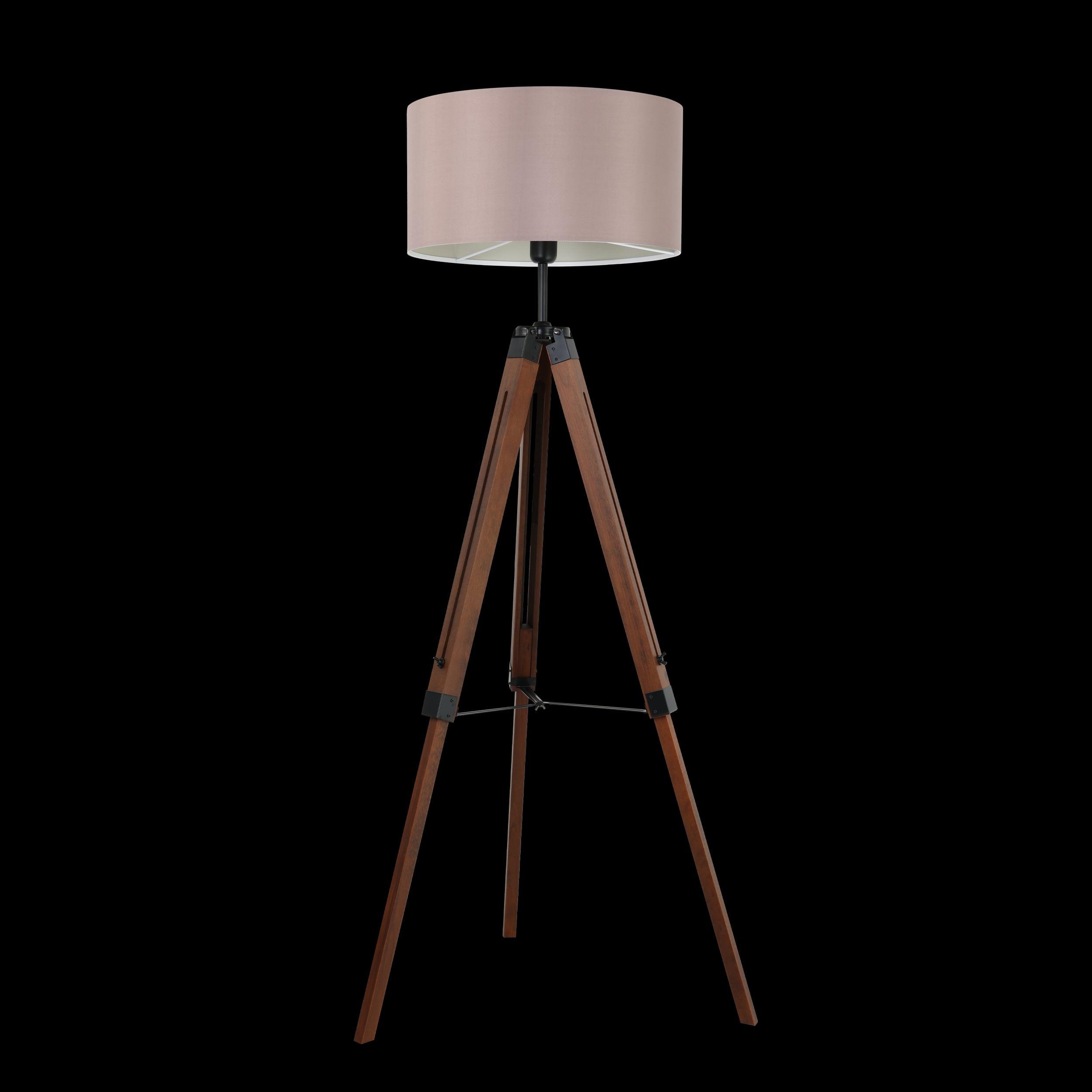 eglo lantada adjustable wood tripod floor lamp taupe fabric shade living room close up