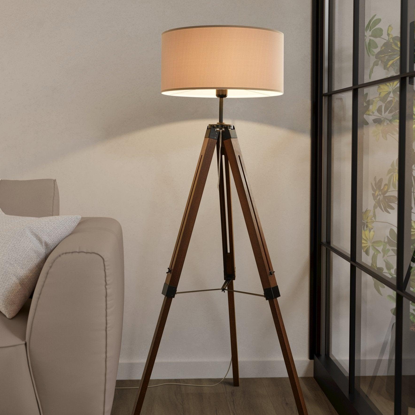 eglo lantada adjustable wood tripod floor lamp taupe fabric shade living room image