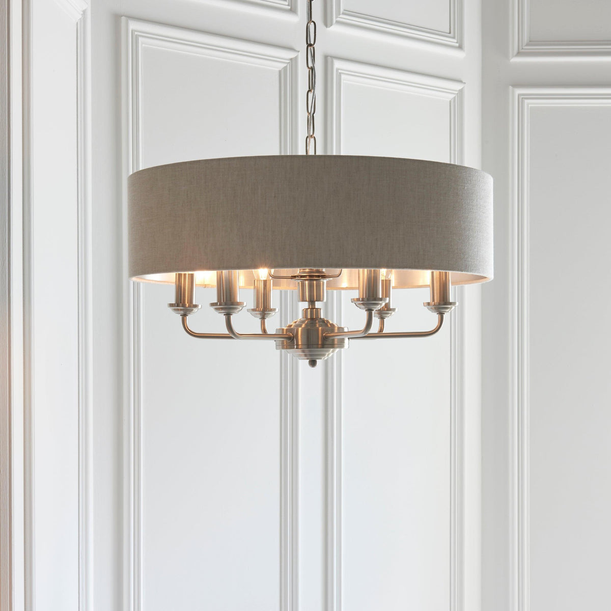 Endon Highclere Brushed Chrome 6 Light Pendant - Natural Linen Shade-OB-180926