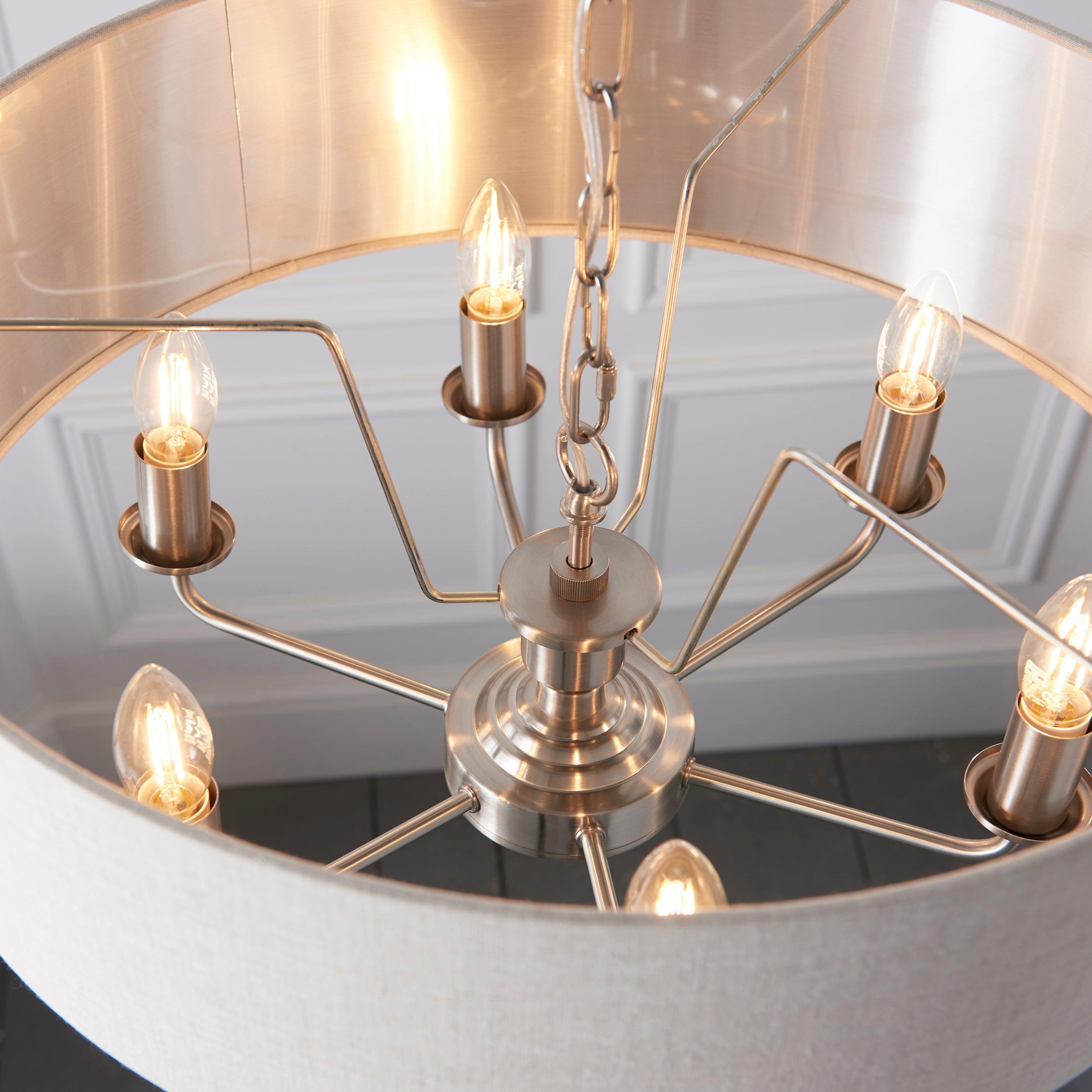 Endon Highclere Brushed Chrome 6 Light Pendant - Natural Linen Shade-OPEN-BOX-50-270826