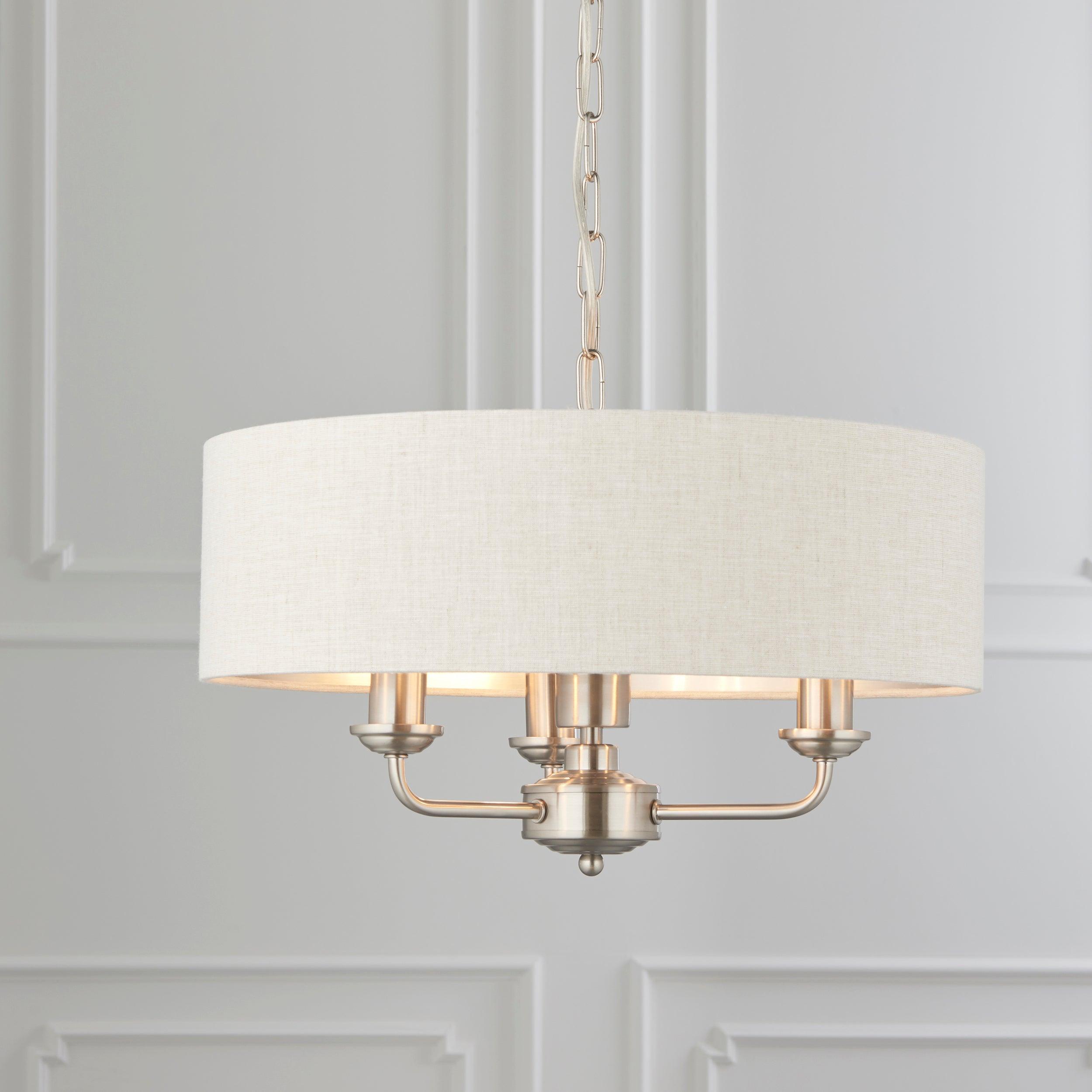 Endon Highclere Brushed Chrome 3 Light Pendant - Natural Linen Shade - Open Box-100326