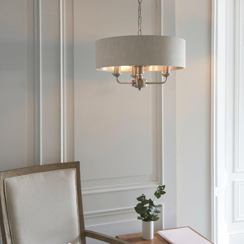 Highclere Brushed Chrome with Linen shade 3 Light Pendant