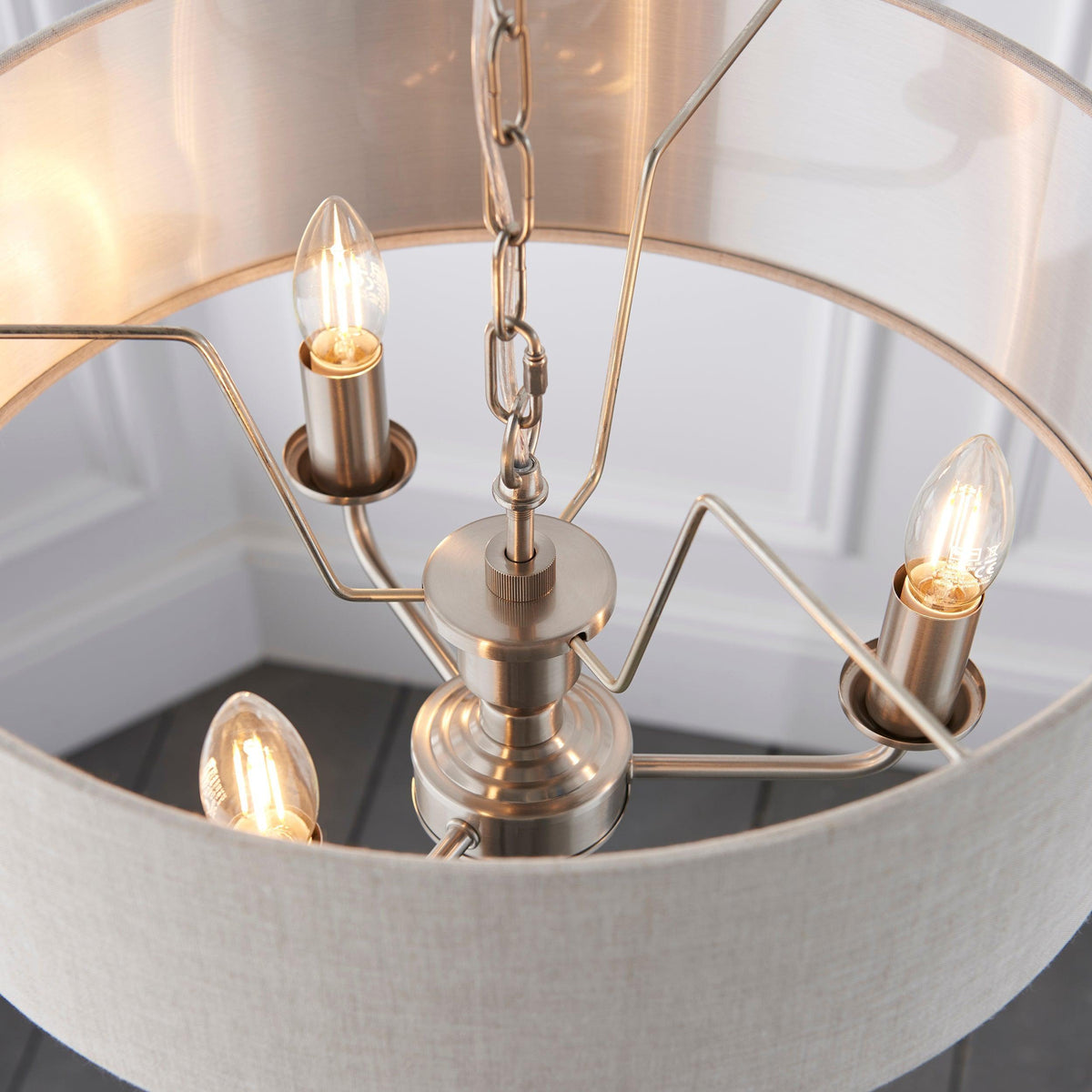 Endon Highclere Brushed Chrome 3 Light Pendant - Natural Linen Shade-OPEN-BOX-BSL-270826