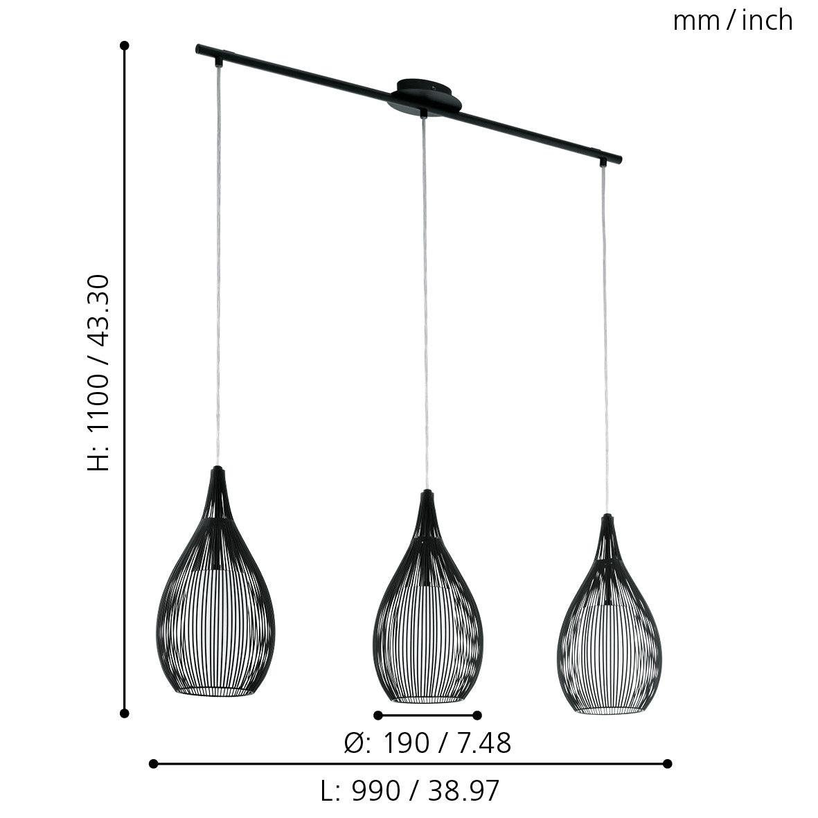 eglo razoni 3 light black rounded wire glass shaded pendant living room close up