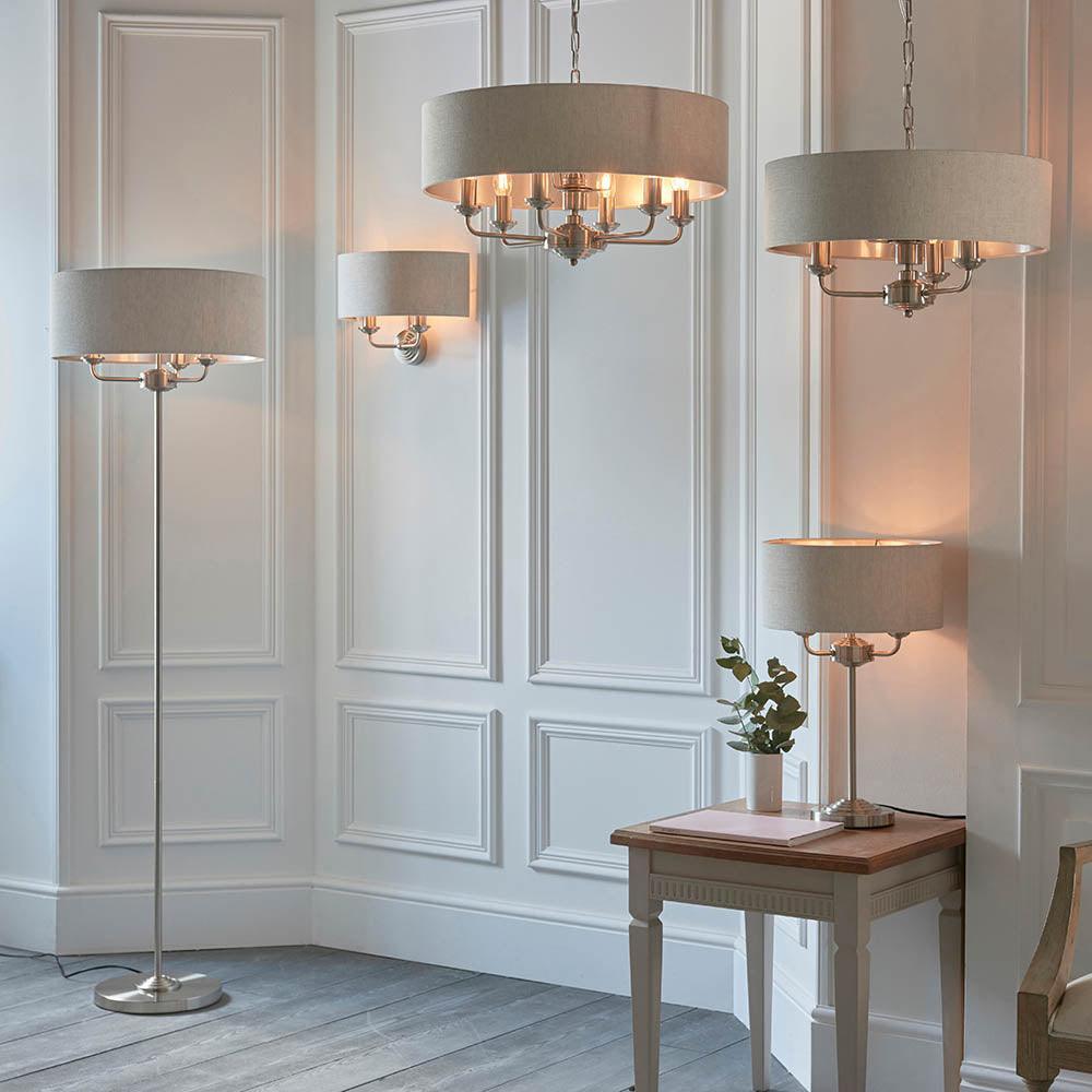 Highclere Brushed Chrome Wall Light - Natural Linen Shade-OB-180926