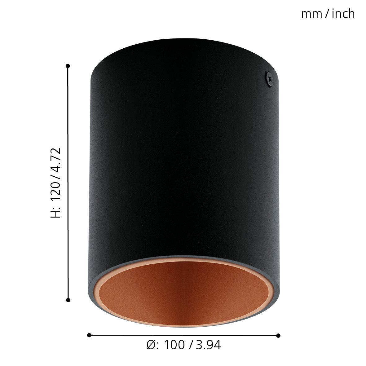 eglo polasso flush led black copper cylinder ceiling light living room close up