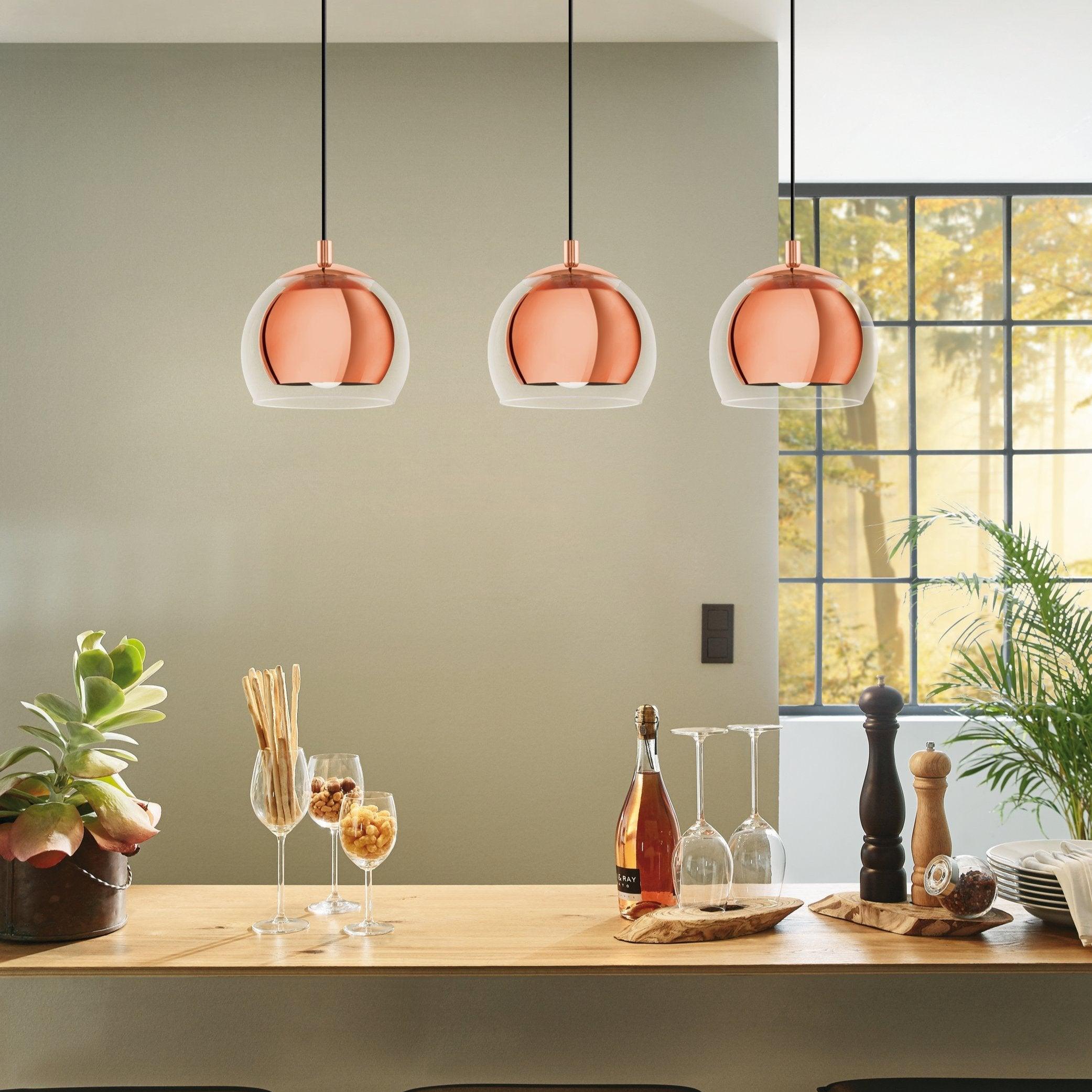 eglo rocamar 3 light clear glass copper ceiling pendant