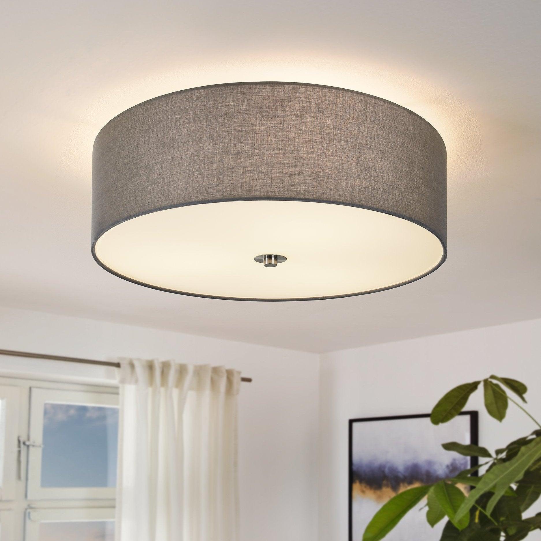 eglo pasteri flush 47 5cm grey fabric drum shade with glass diffuser