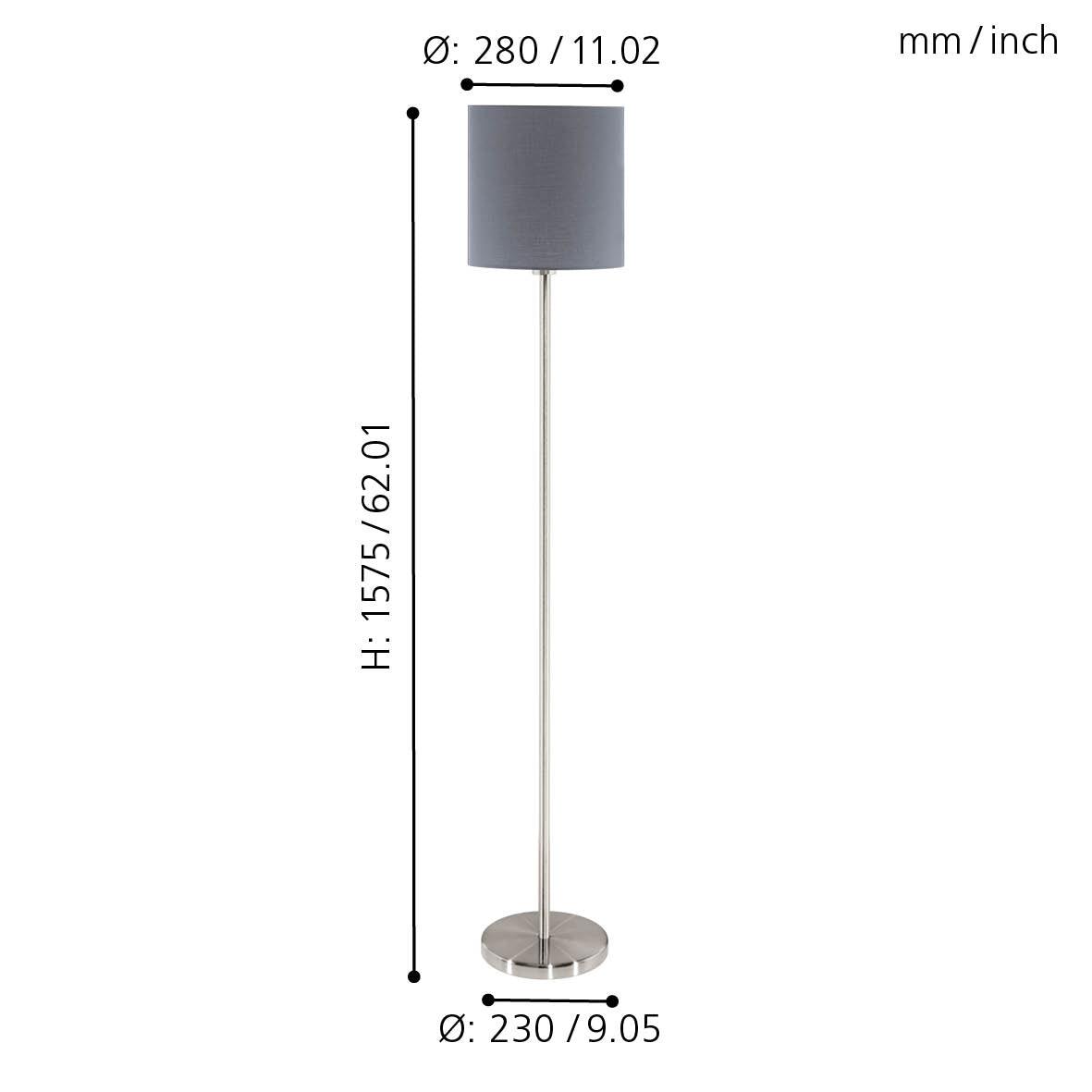 eglo pasteri nickel floor lamp with grey fabric shade living room close up