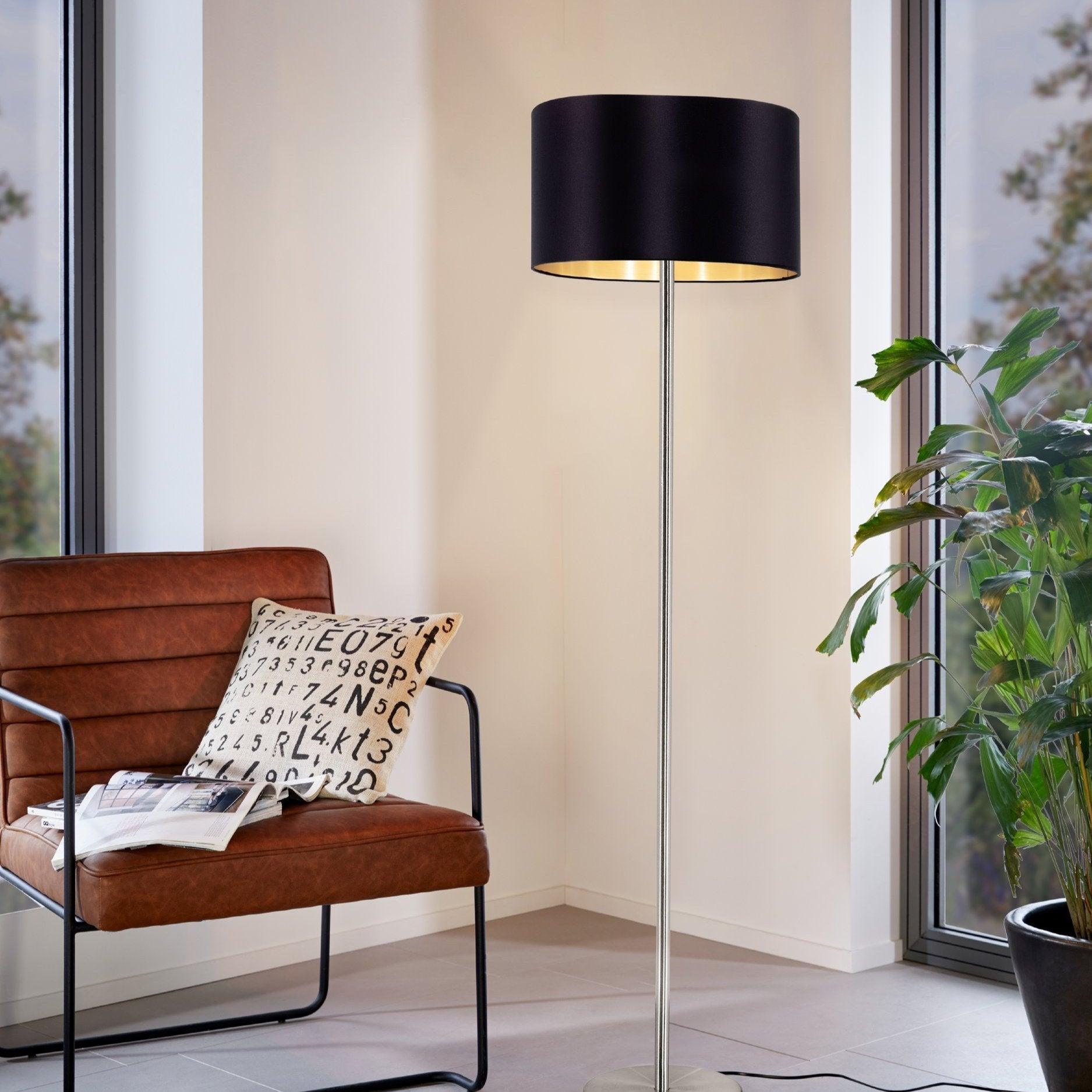 eglo maserlo nickel floor lamp with black gold fabric shade living room close up