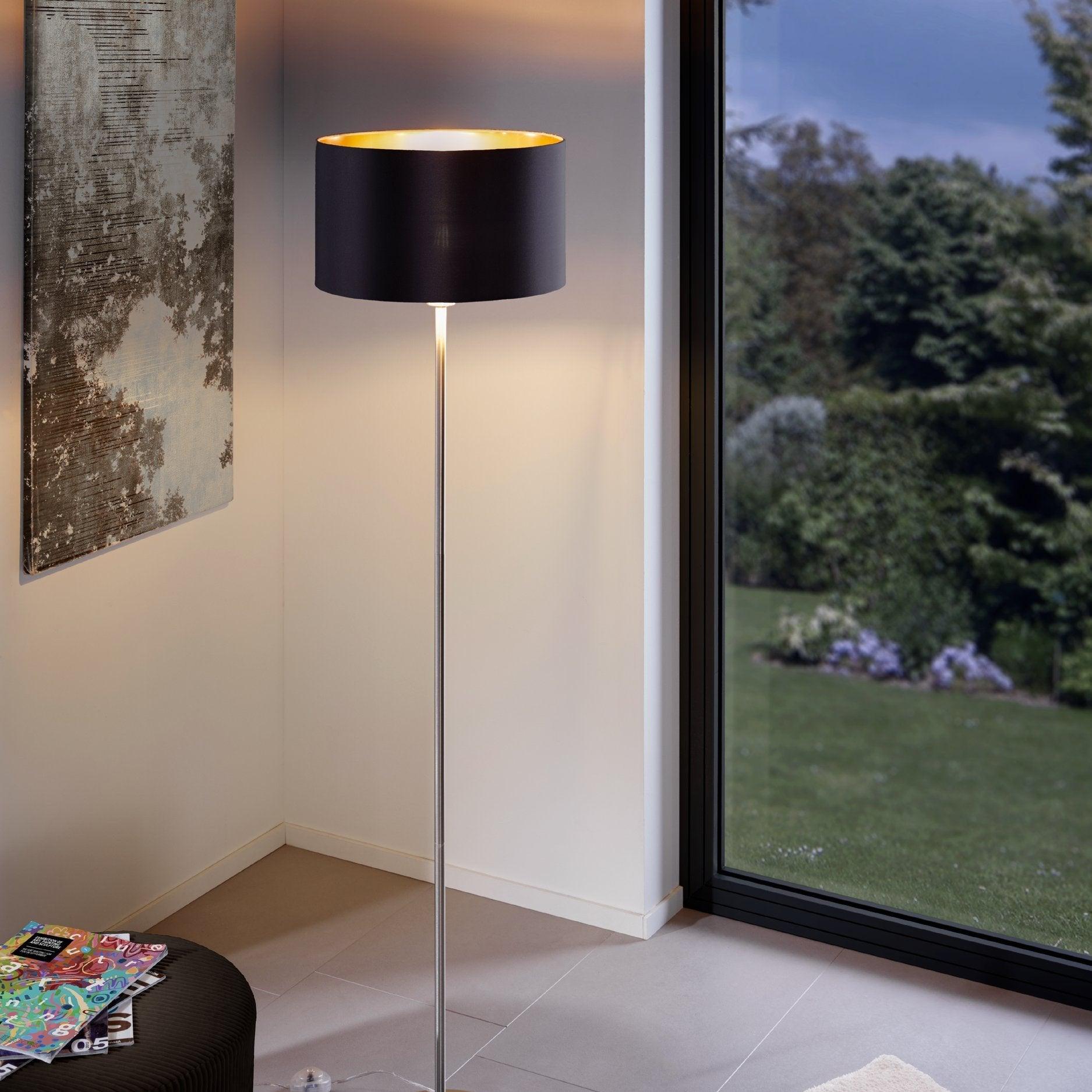 eglo maserlo nickel floor lamp with black gold fabric shade living room image