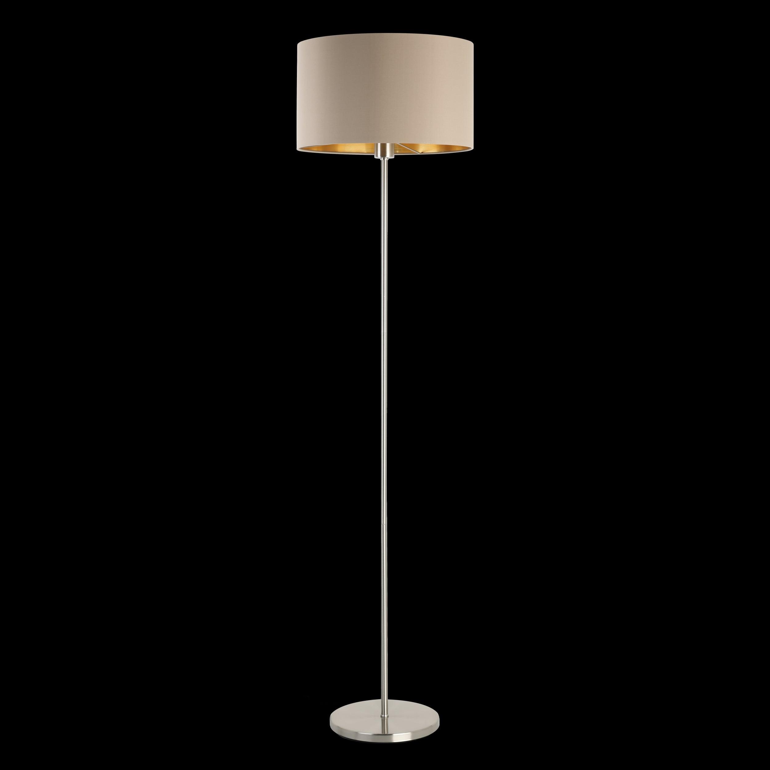eglo maserlo nickel floor lamp with taupe gold fabric shade living room close up
