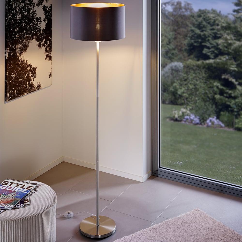 eglo maserlo nickel floor lamp with brown gold fabric shade