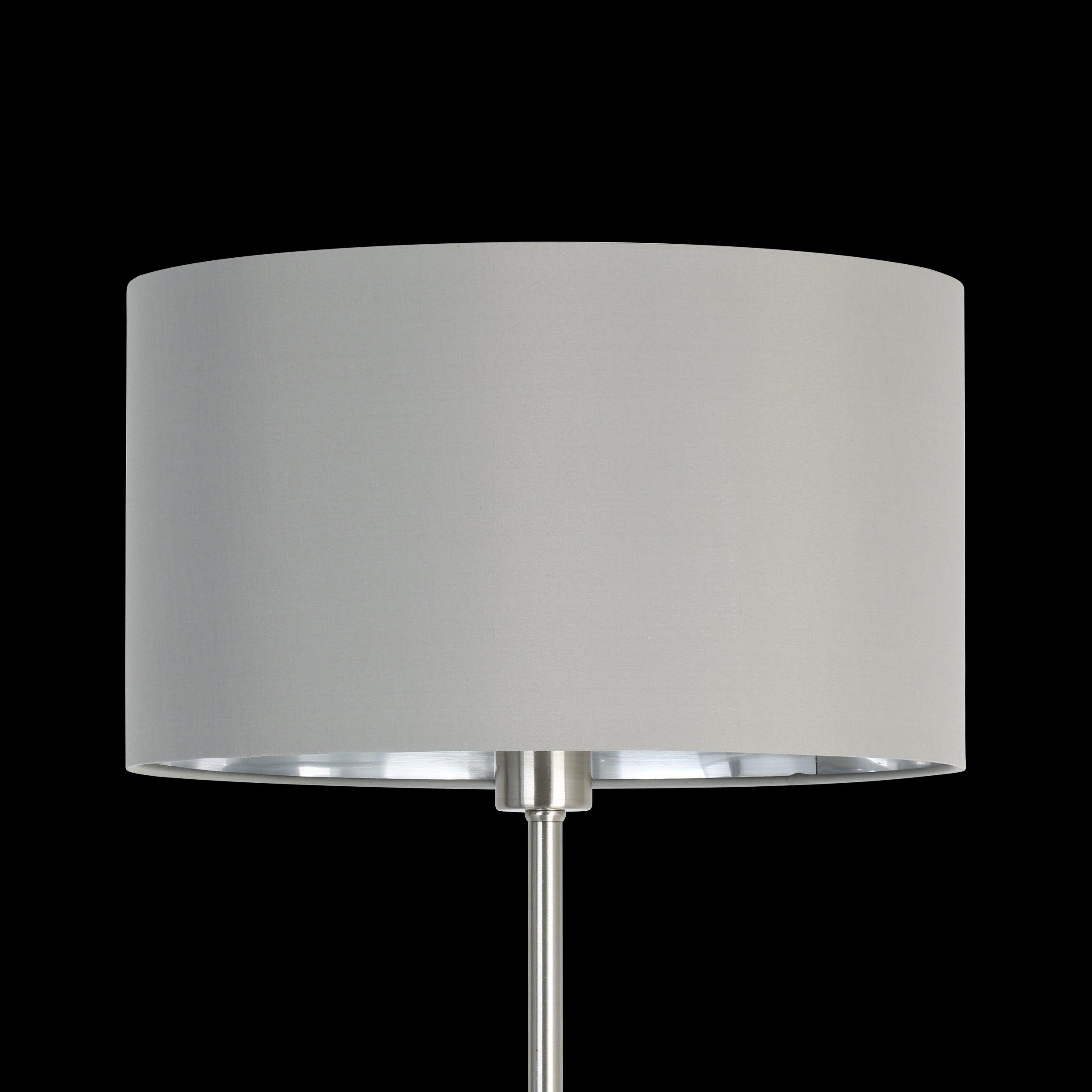 eglo maserlo nickel floor lamp with grey silver fabric shade living room close up