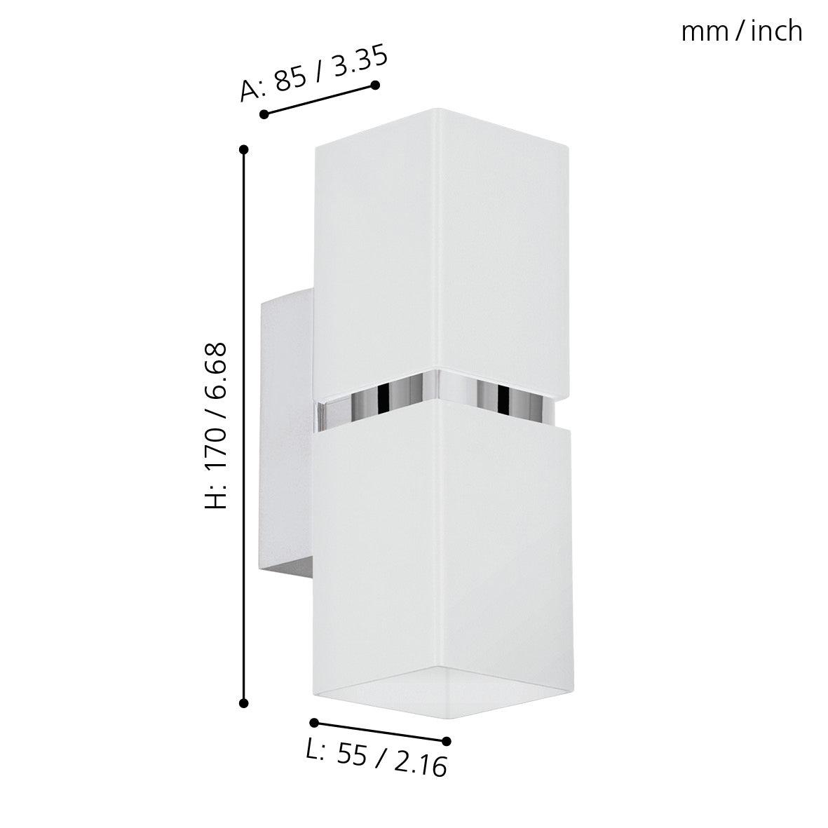 eglo passa chrome white 2 light wall light living room close up