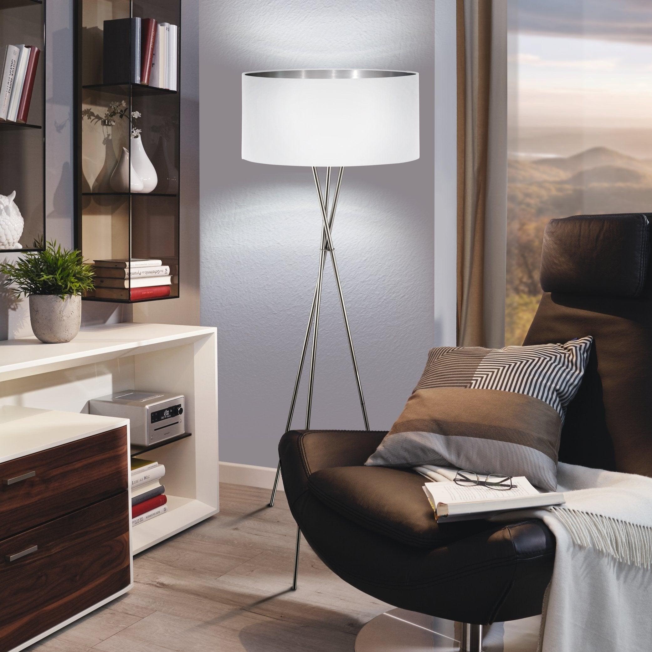 eglo fondachelli nickel tripod floor lamp fabric white silver shade
