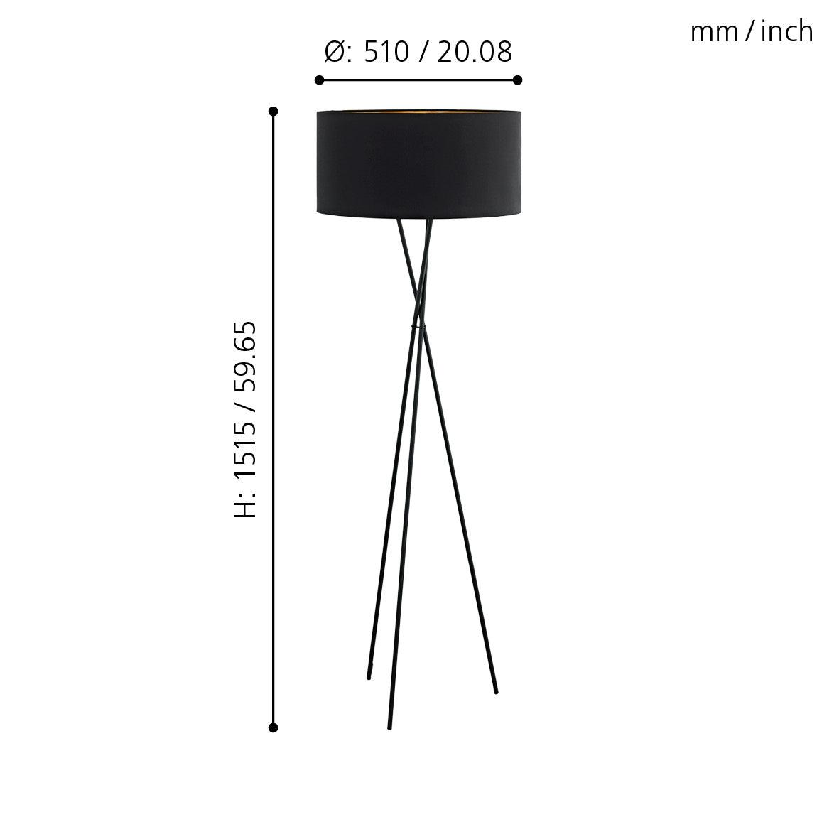 eglo fondachelli black tripod floor lamp fabric black copper shade living room close up