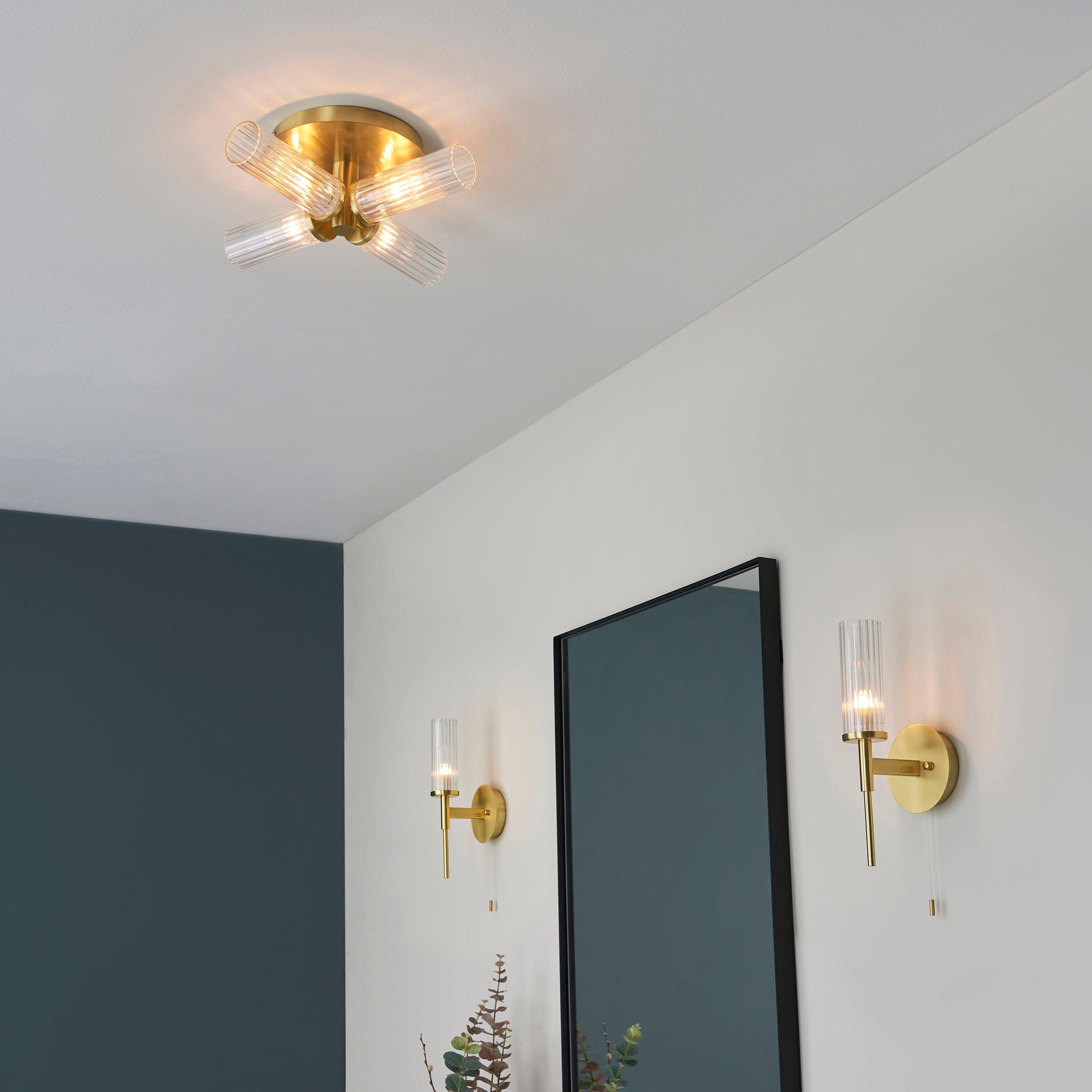 Talo Brass & Ribbed Cylinder Glass Shaded Bathroom Wall Light-WAREHOUSE-40-290626