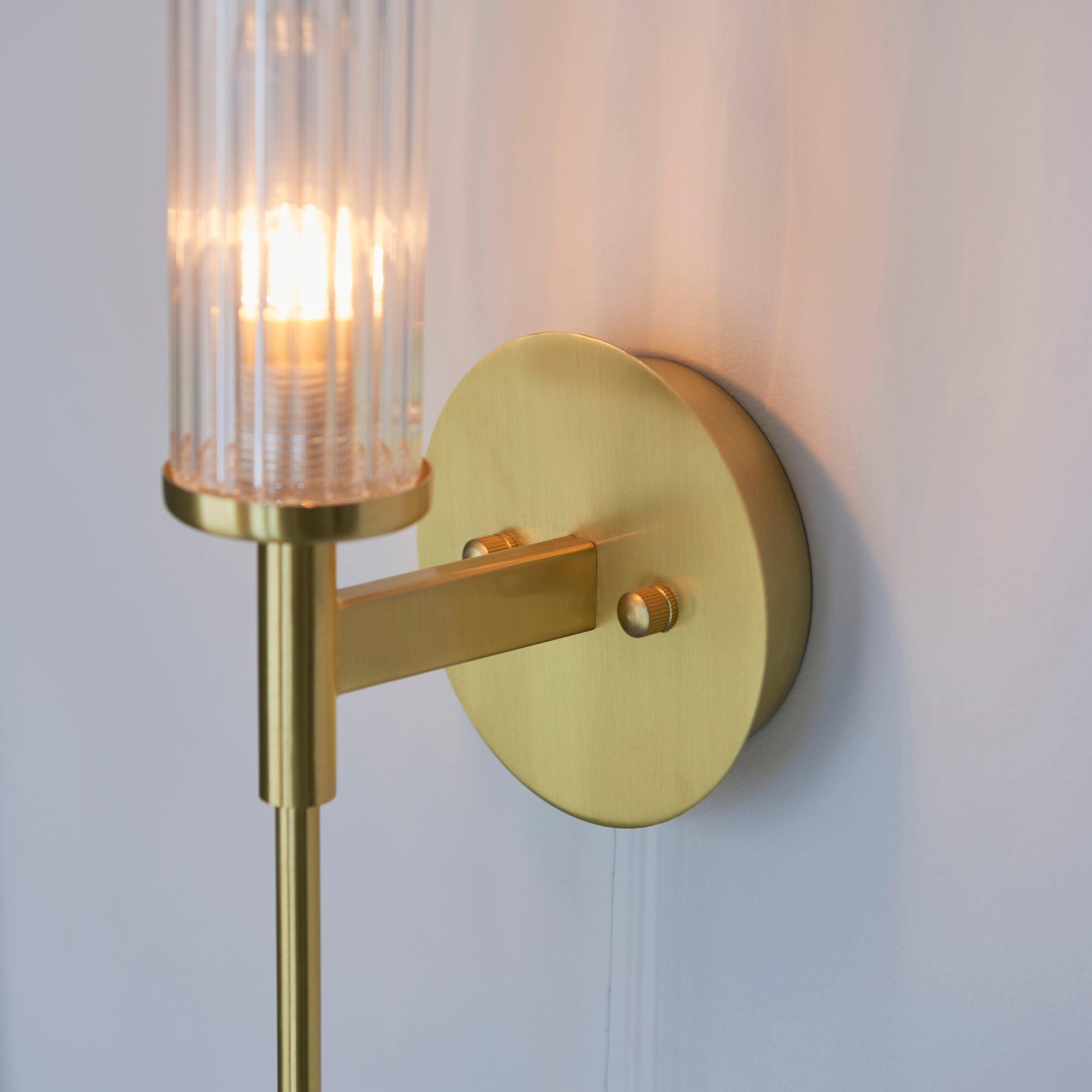 Talo Brass & Ribbed Cylinder Glass Shaded Bathroom Wall Light-WAREHOUSE-40-290626