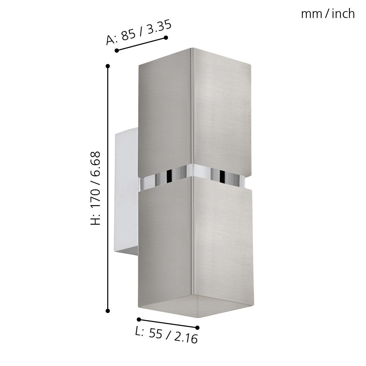 eglo passa 2 light nickel chrome wall light living room close up