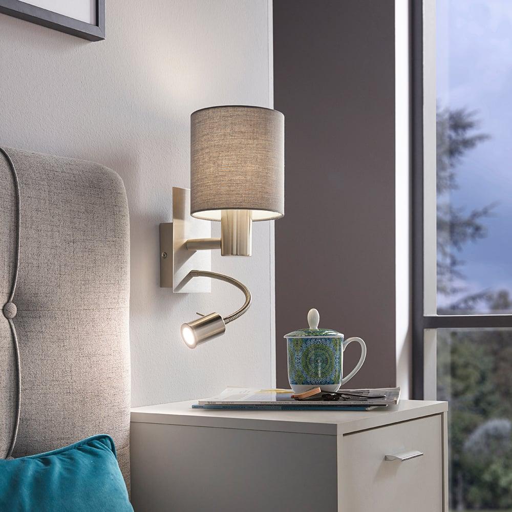 eglo pasteri nickel grey shade wall light with reading light