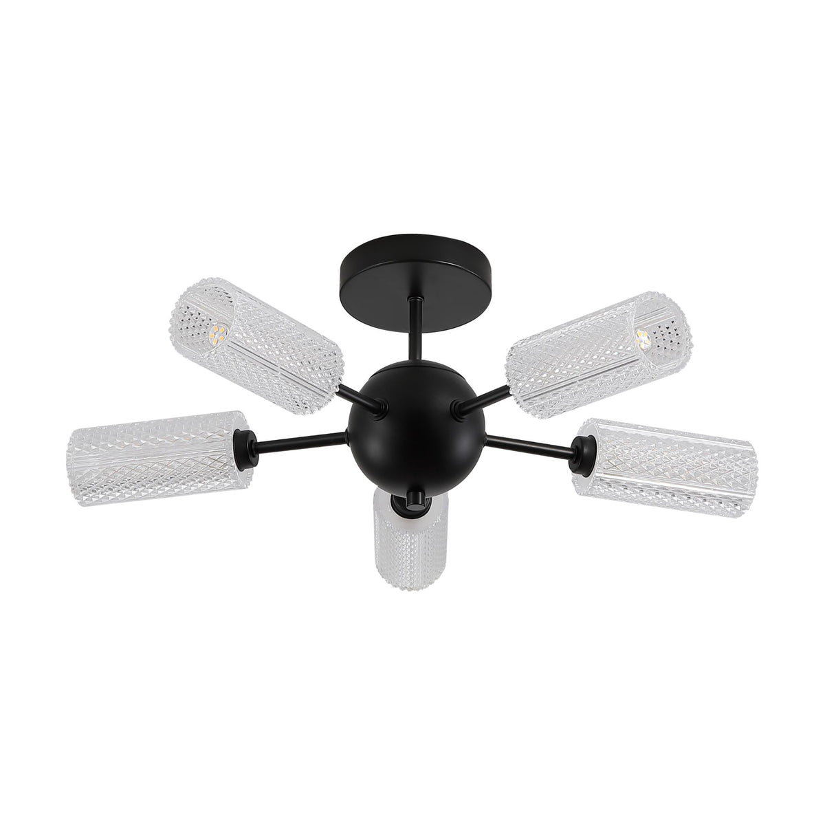 Cosmic black 5-light semi-flush ceiling light unlit on white with textured acrylic shades