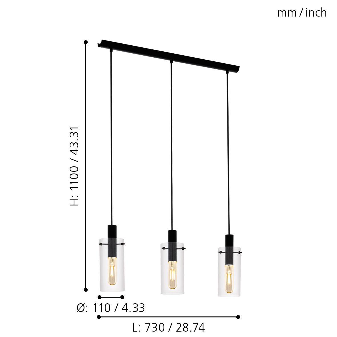 eglo montefino 3 light black clear glass cylinder pendant living room image