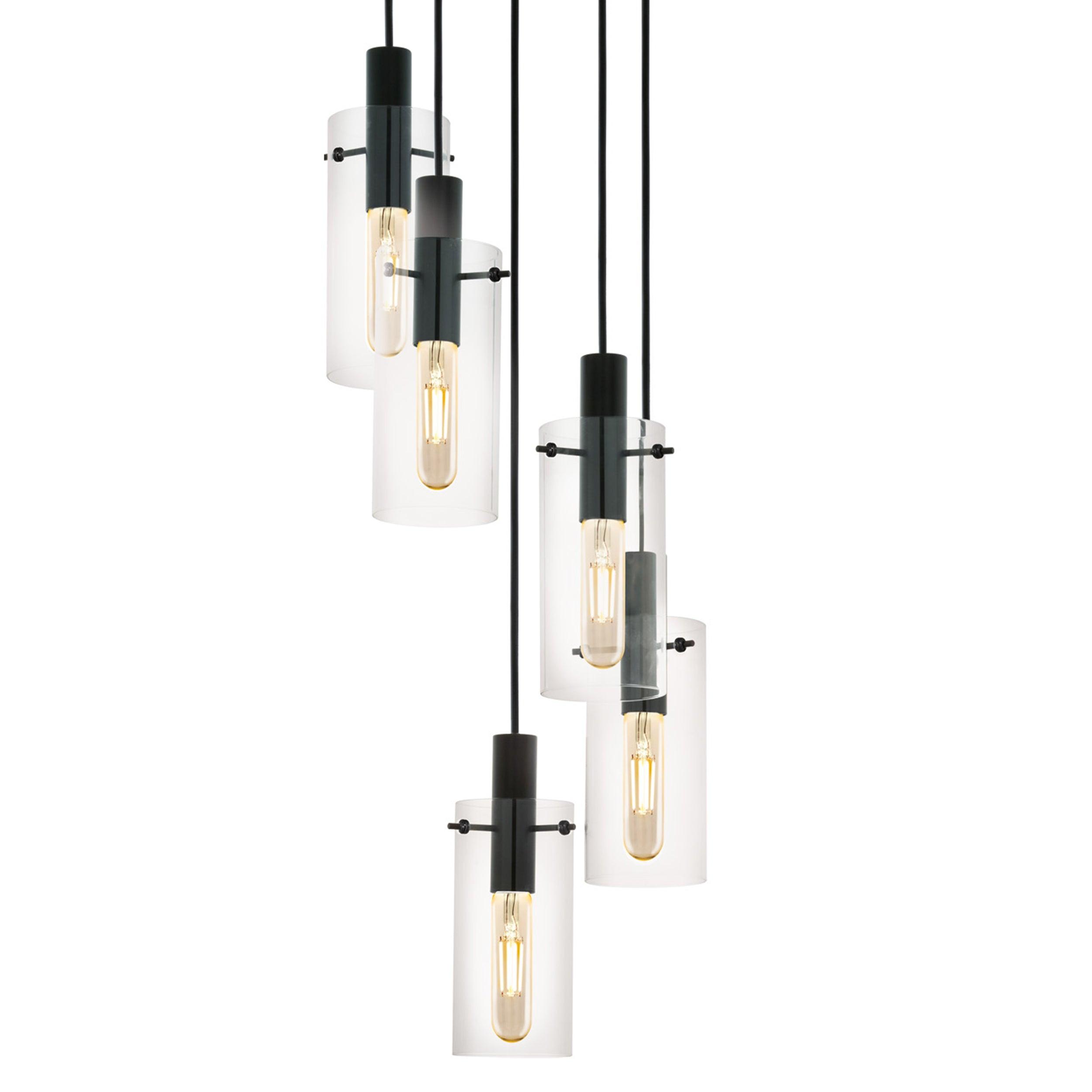 eglo montefino 5 light black clear glass cylinder pendant Hallway Lighting Close up
