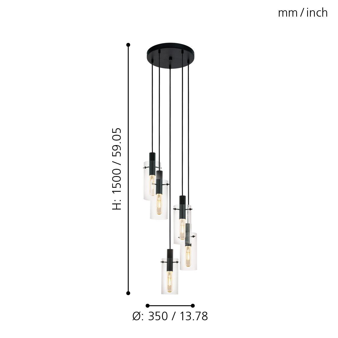 eglo montefino 5 light black clear glass cylinder pendant hallway lighting 