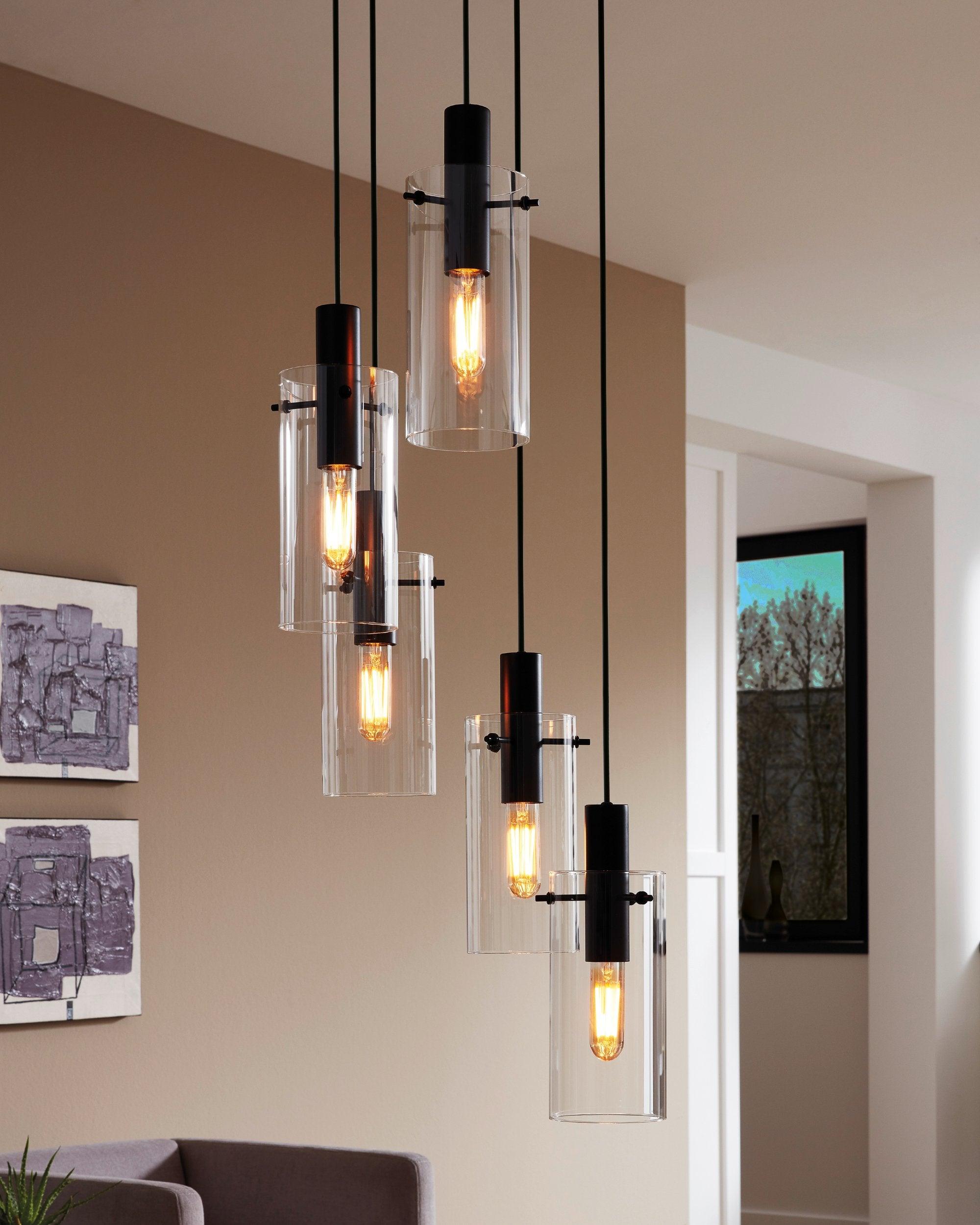 eglo montefino 5 light black clear glass cylinder pendant living room close up