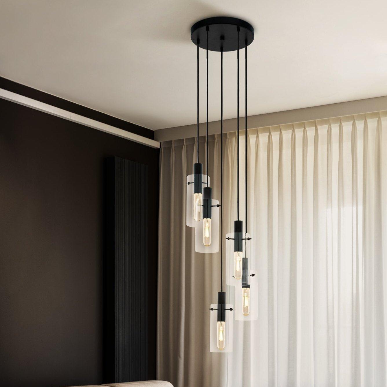 eglo montefino 5 light black clear glass cylinder pendant living room image